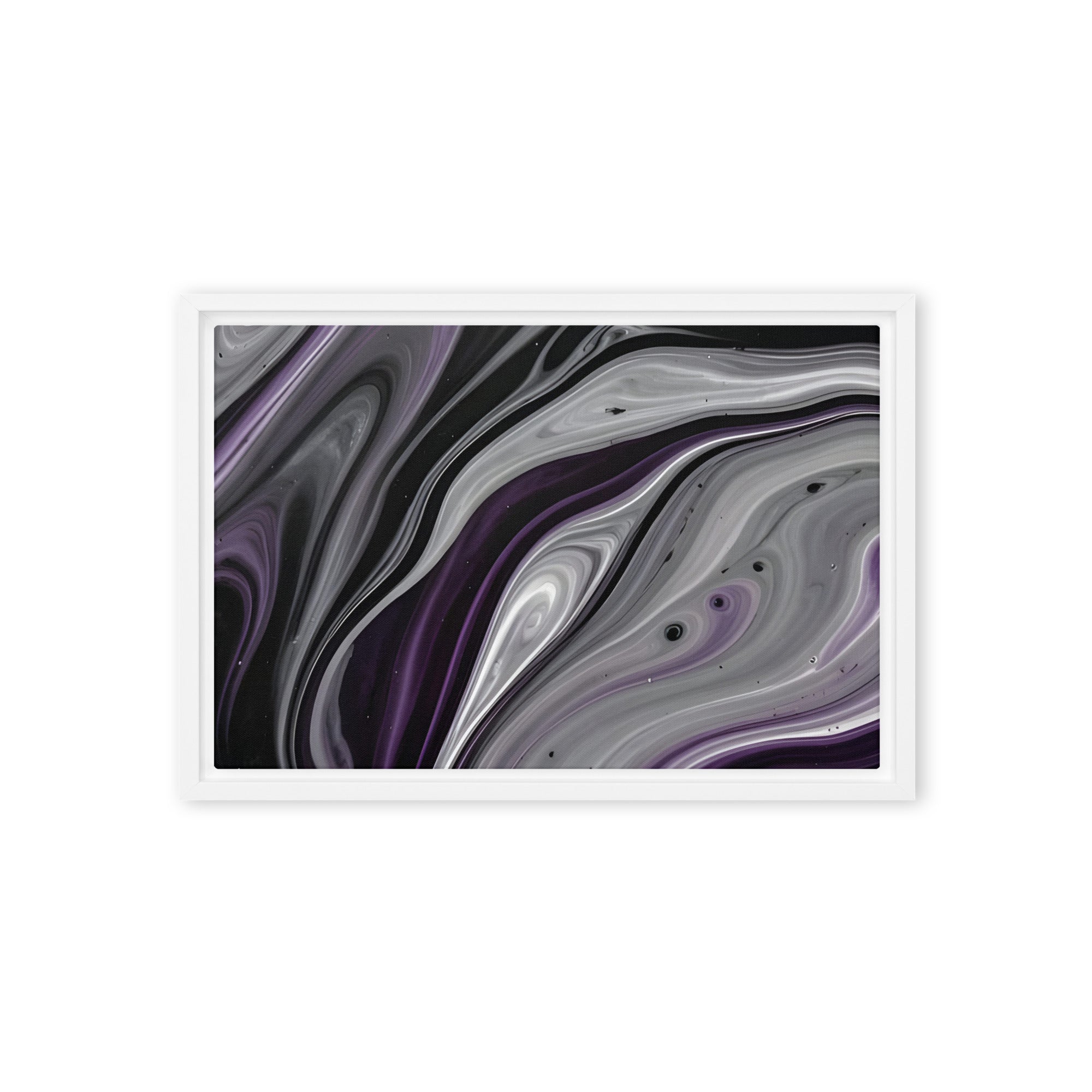 Amethyst Flow framed canvas print with product details shown in brown frame, 12 x 16 inch universal size