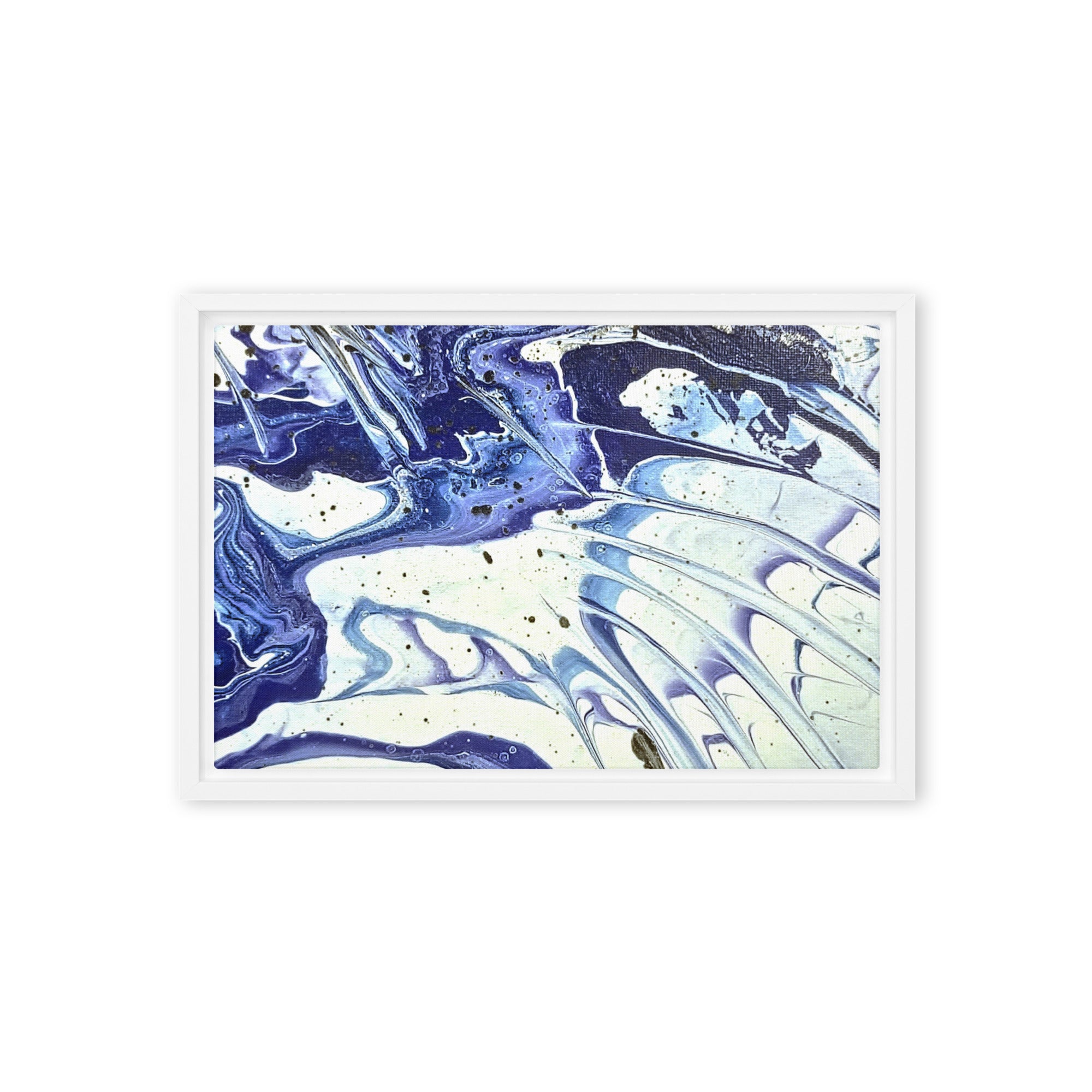 Cobalt framed canvas print with product details shown in brown frame, 12 x 16 inch universal size