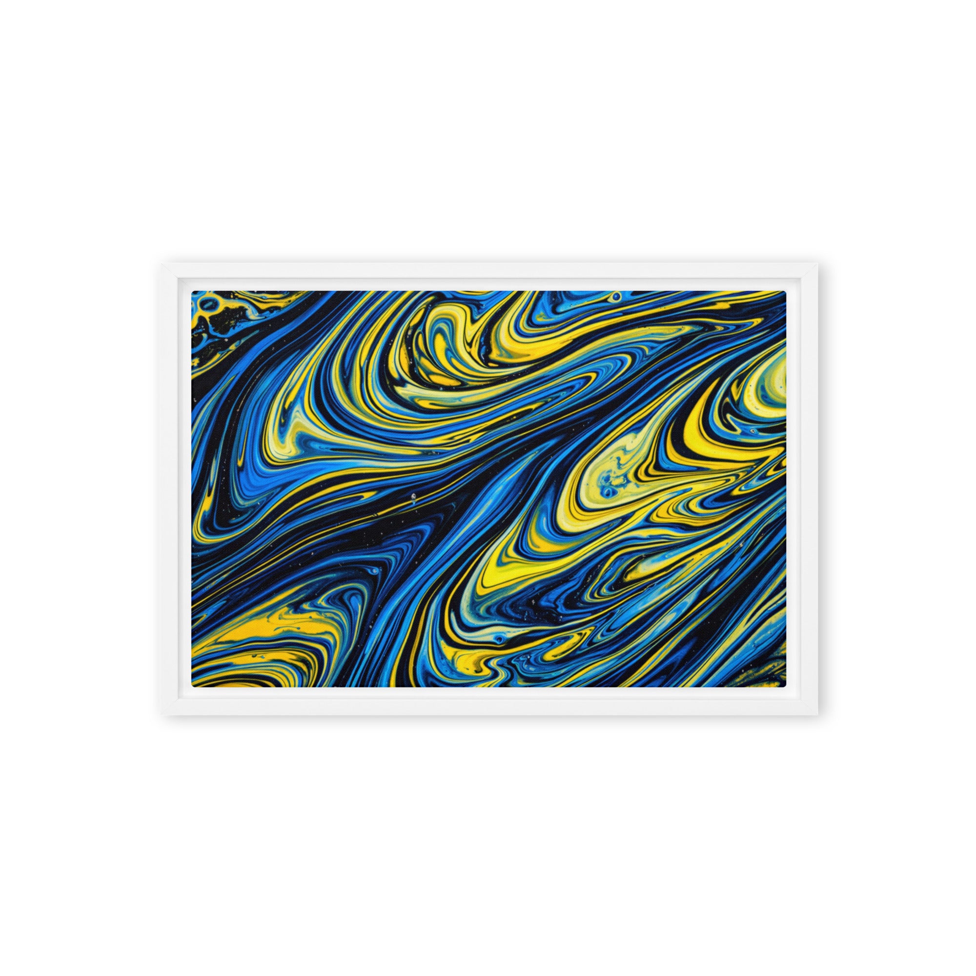 Coral framed canvas print with product details shown in brown frame, 12 x 16 inch universal size