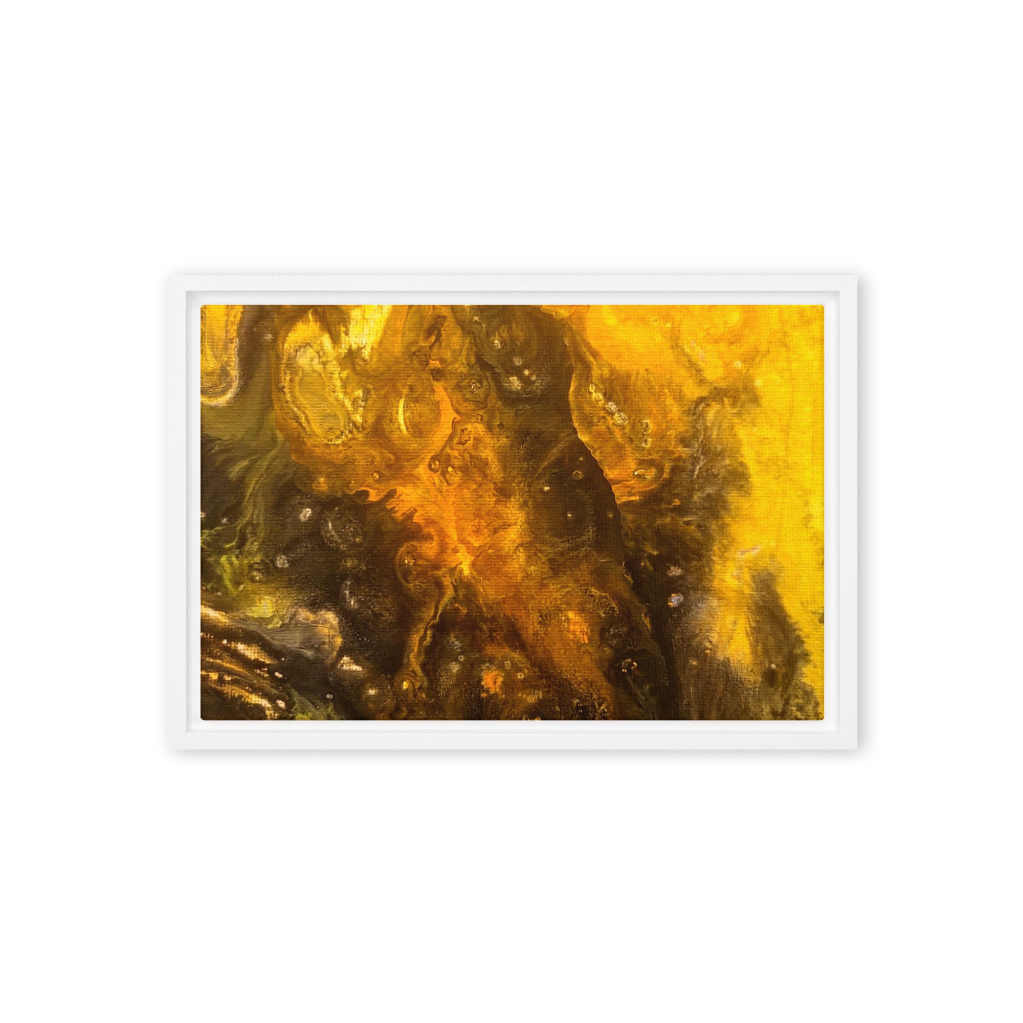 Flame framed canvas print with product details shown in brown frame, 12 x 16 inch universal size