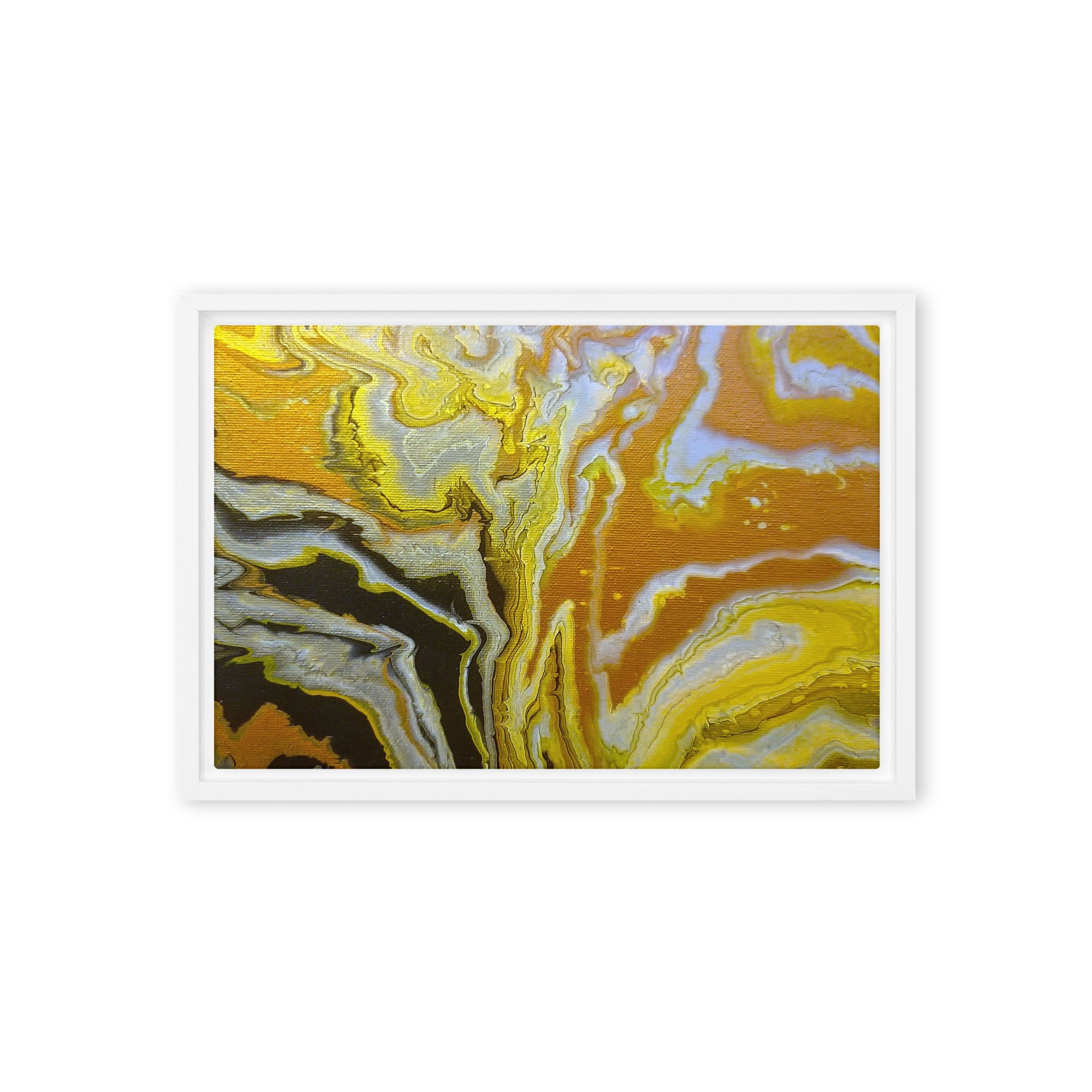 Golden Surge framed canvas print with product details shown in brown frame, 12 x 16 inch universal size