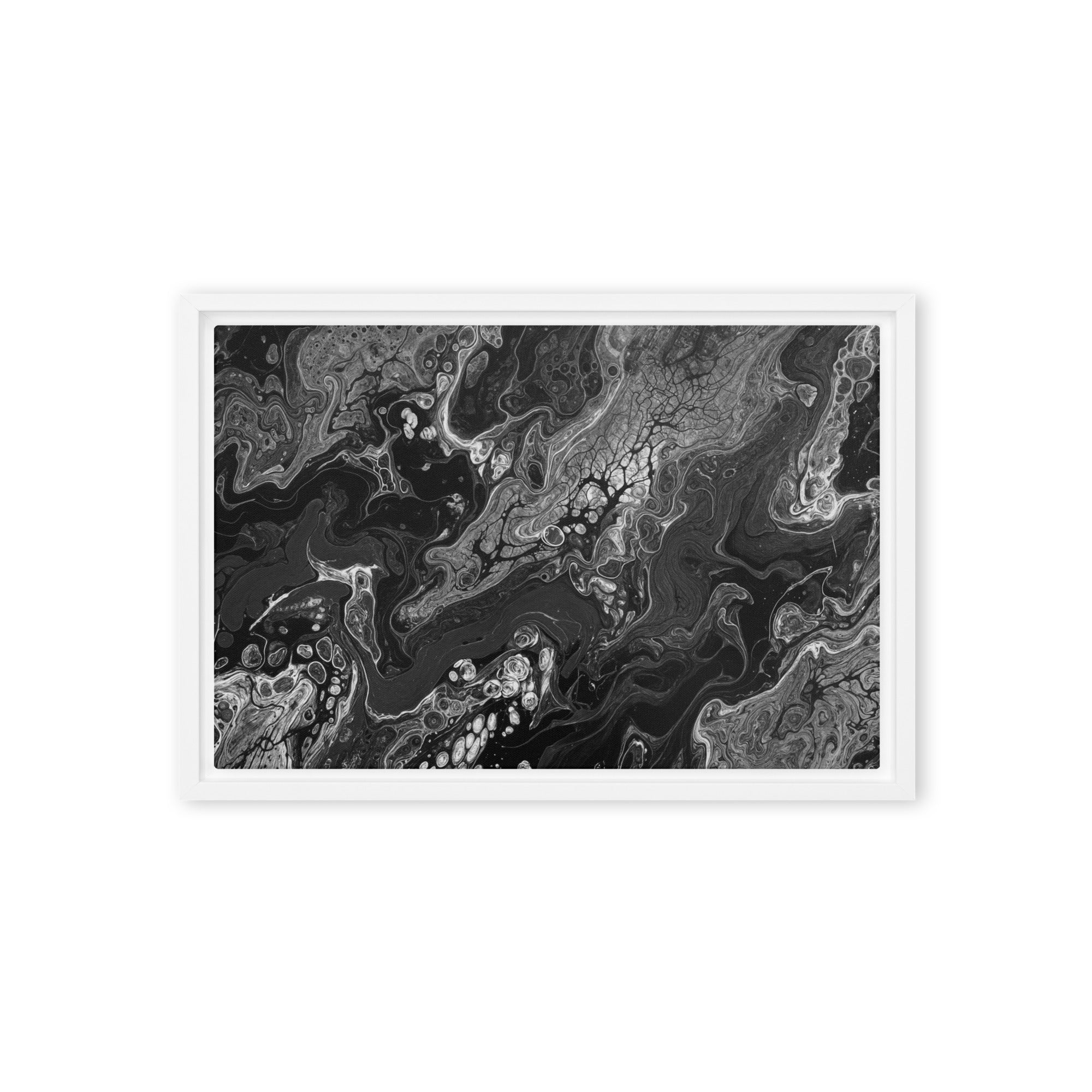 Dark Matter framed canvas print, front view in brown frame, 12 x 18 inch universal size