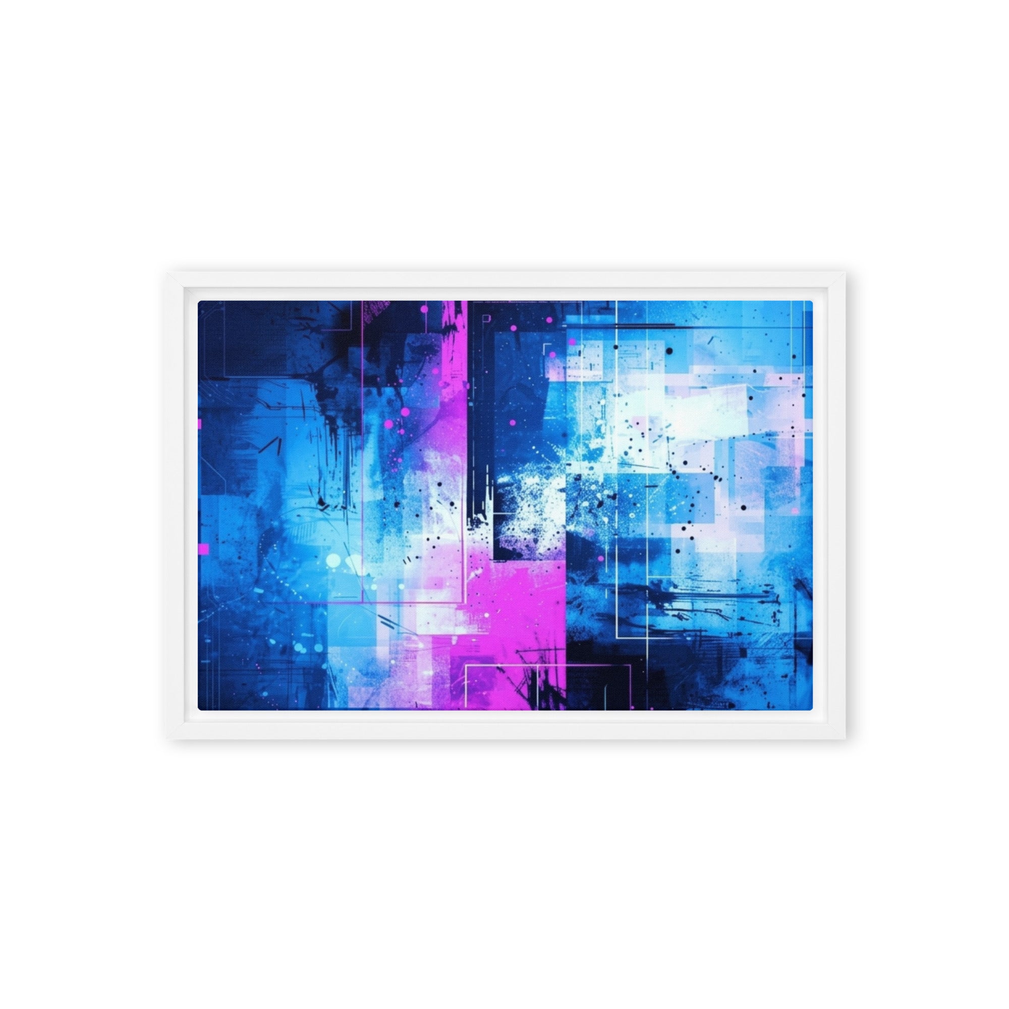 Neon framed canvas print with product details shown in brown frame, 12 x 16 inch universal size
