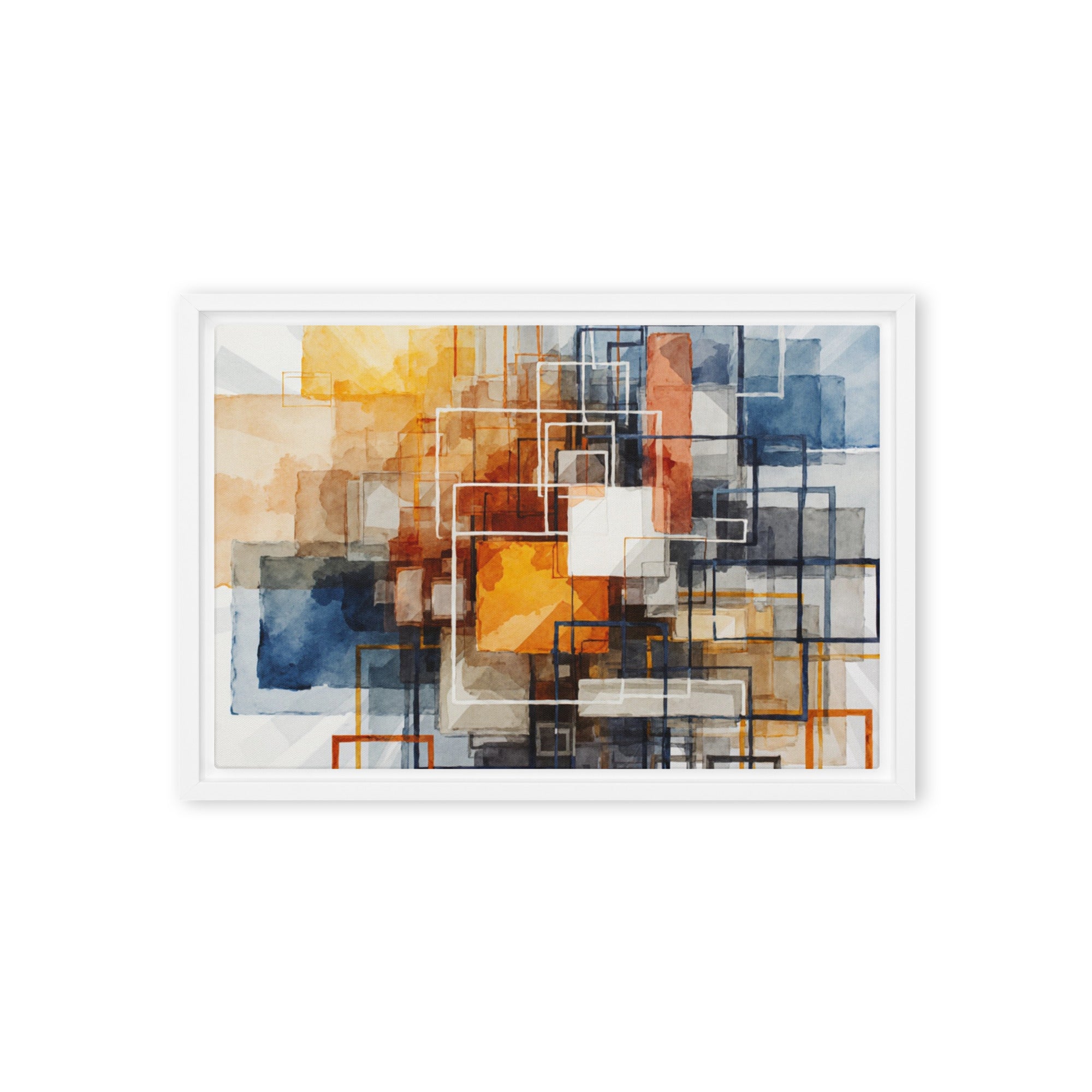 Plinth framed canvas print with product details shown in brown frame, 12 x 16 inch universal size