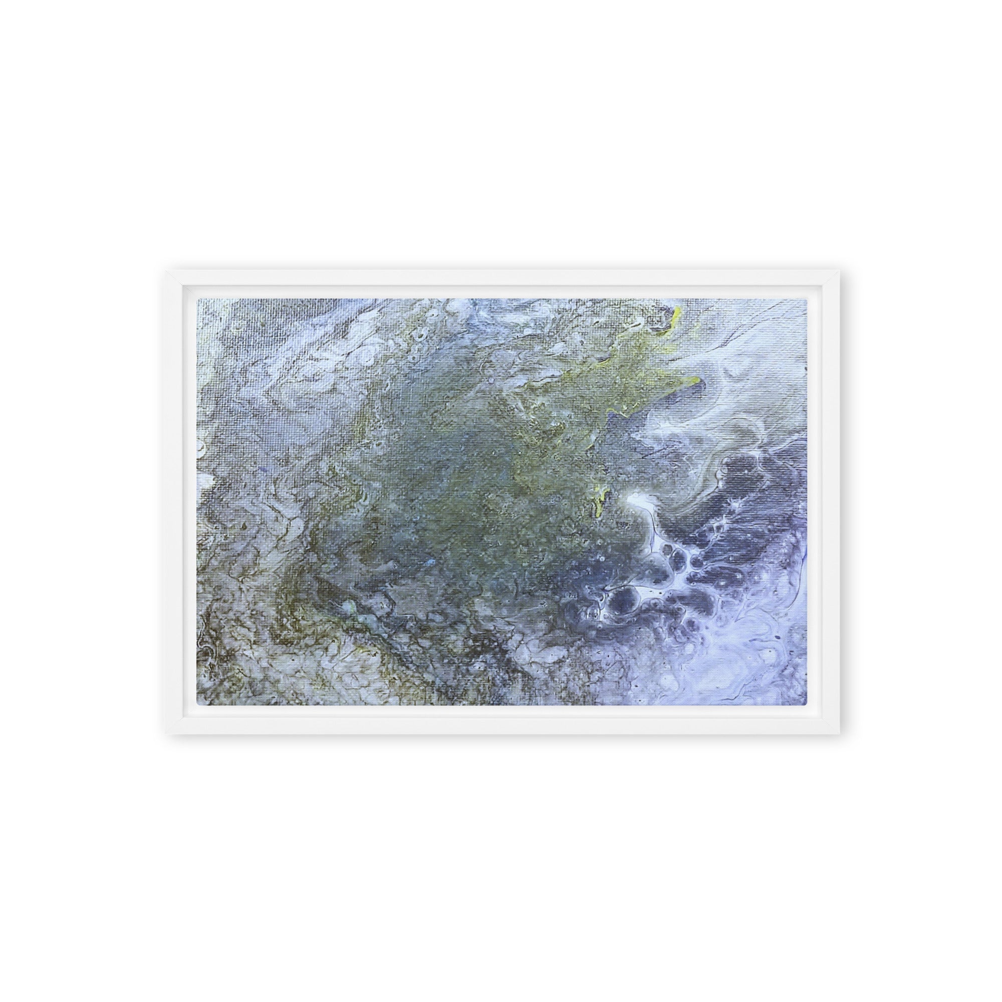 Shallows framed canvas studio series with product details shown in brown frame, 12 x 16 inch universal size