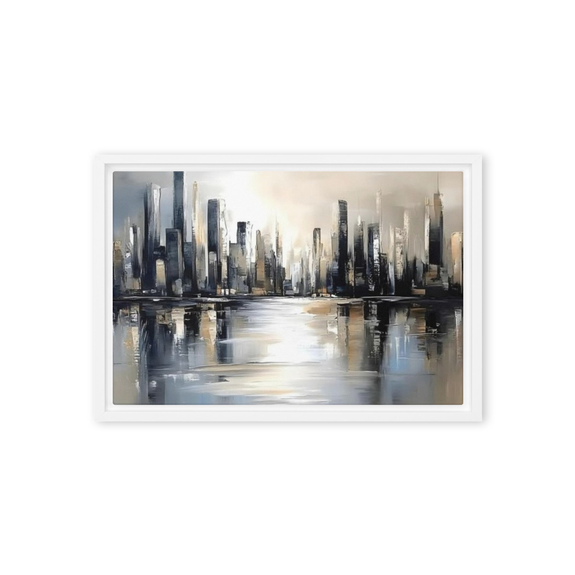 Sharps framed canvas print with product details shown in brown frame, 12 x 16 inch universal size