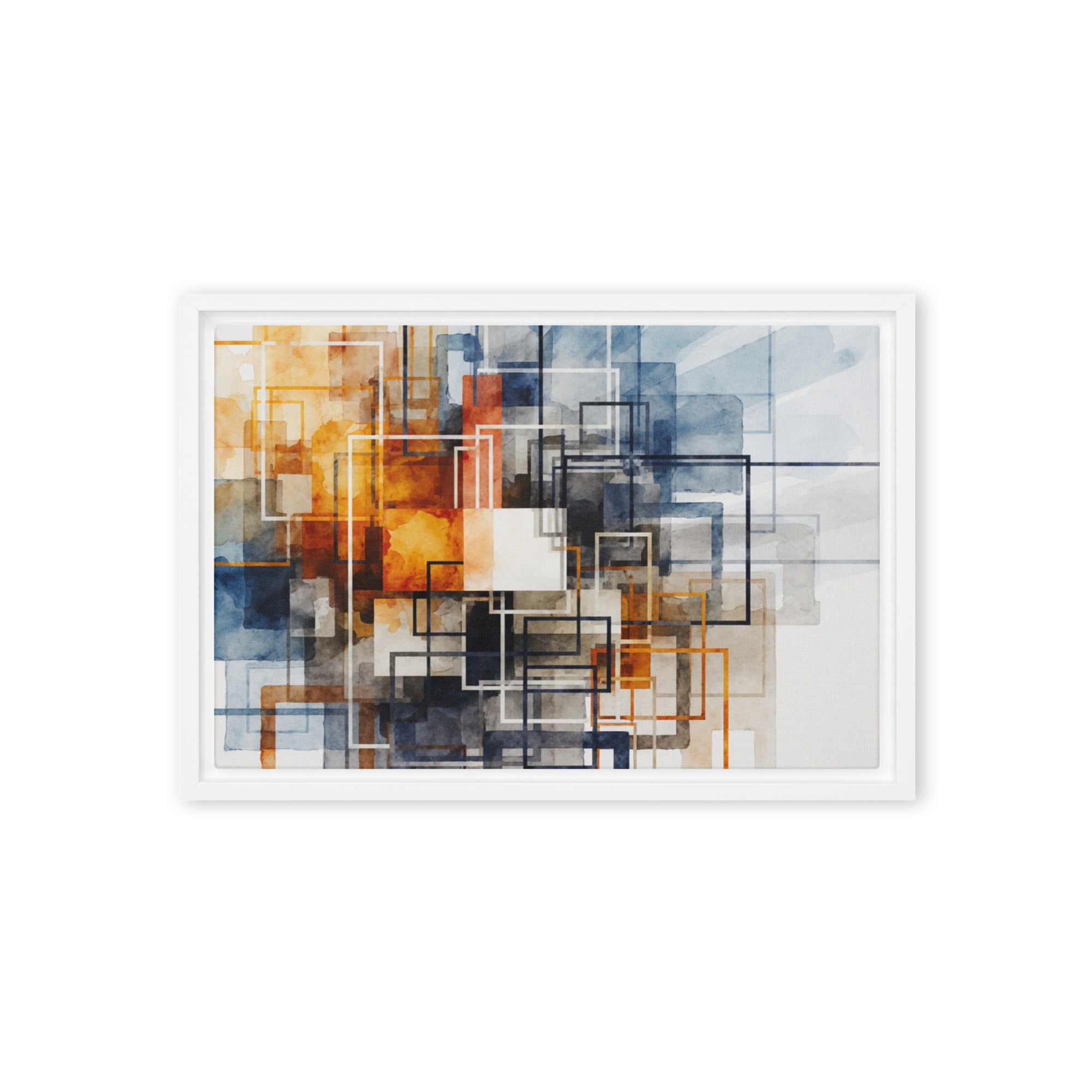 Tessera framed canvas print with product details shown in brown frame, 12 x 16 inch universal size