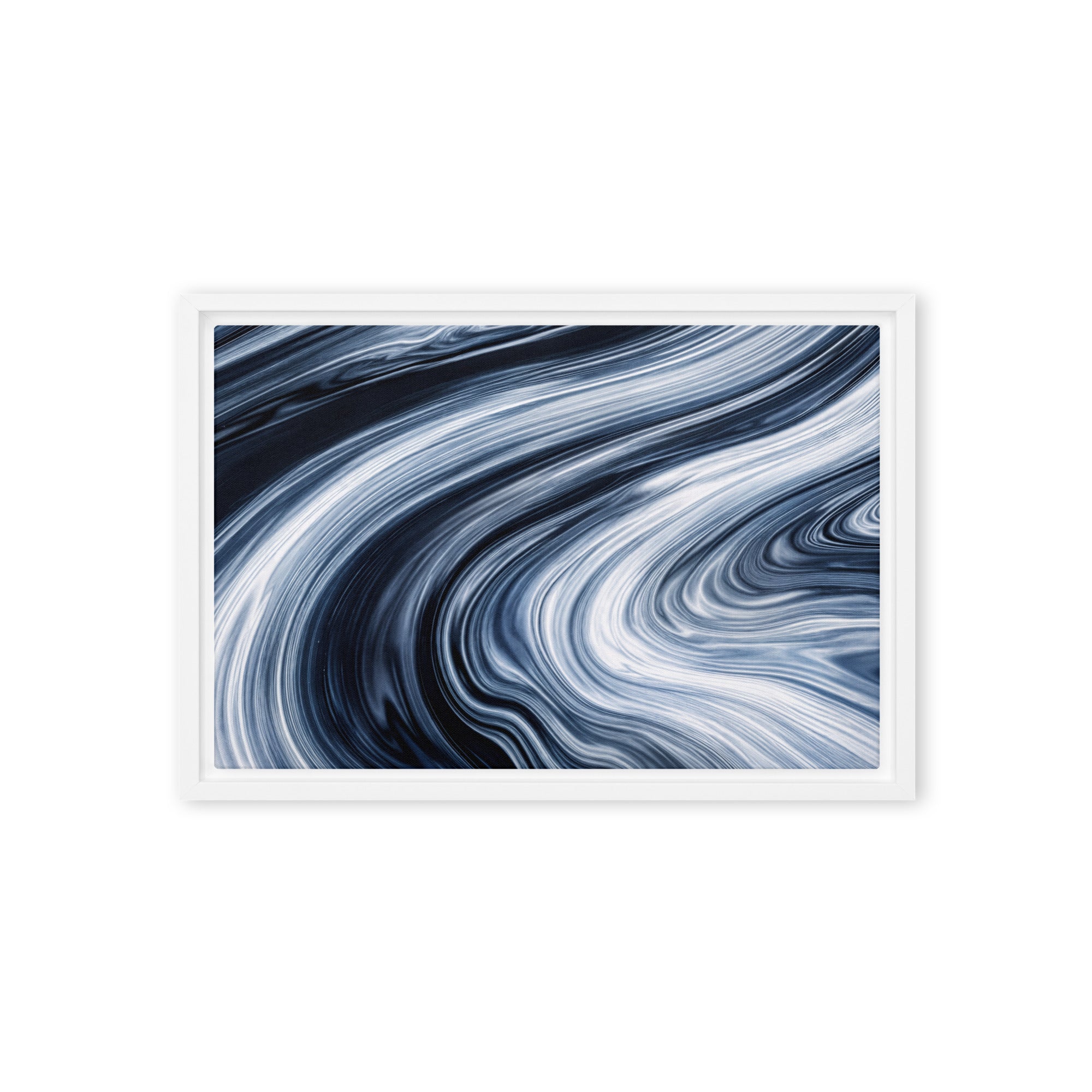 Vortex framed canvas print with product details shown in brown frame, 12 x 16 inch universal size