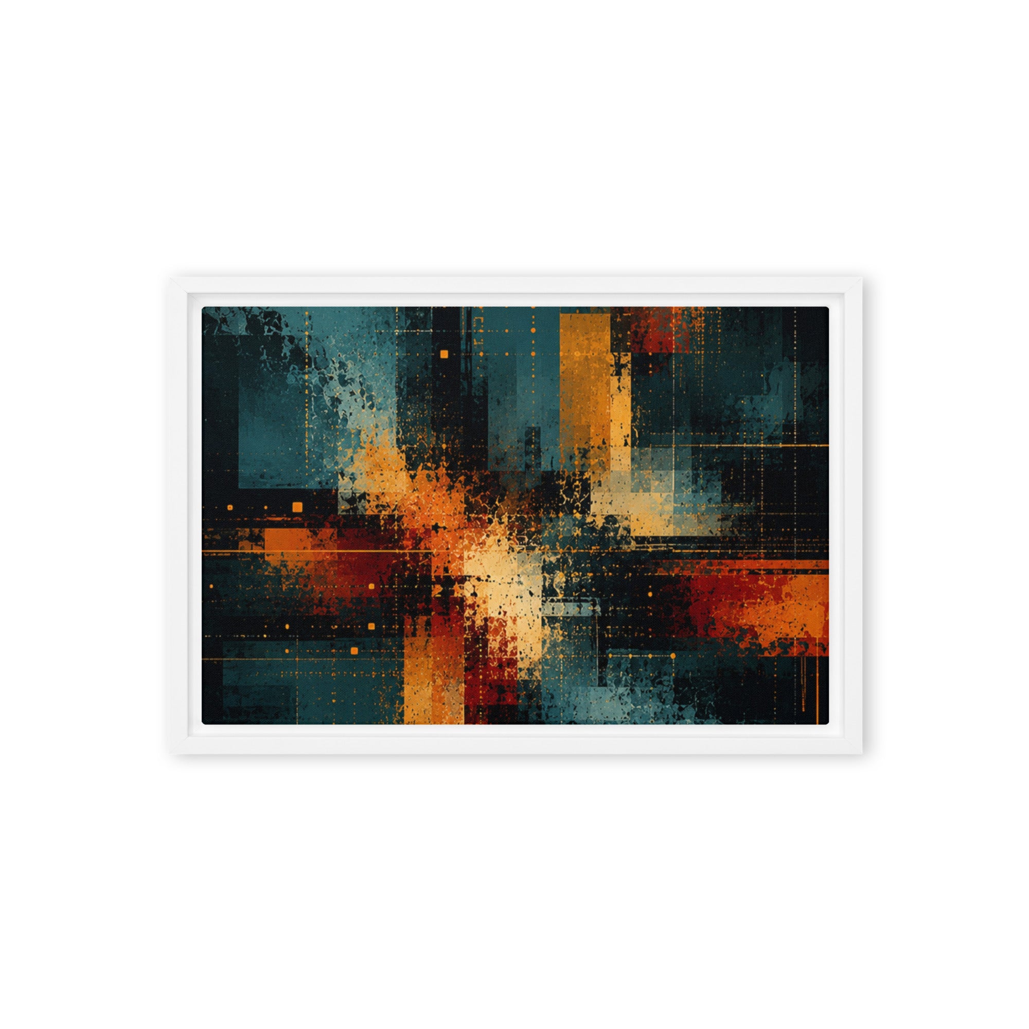 Axion framed canvas print with product details shown in brown frame, 12 x 16 inch universal size