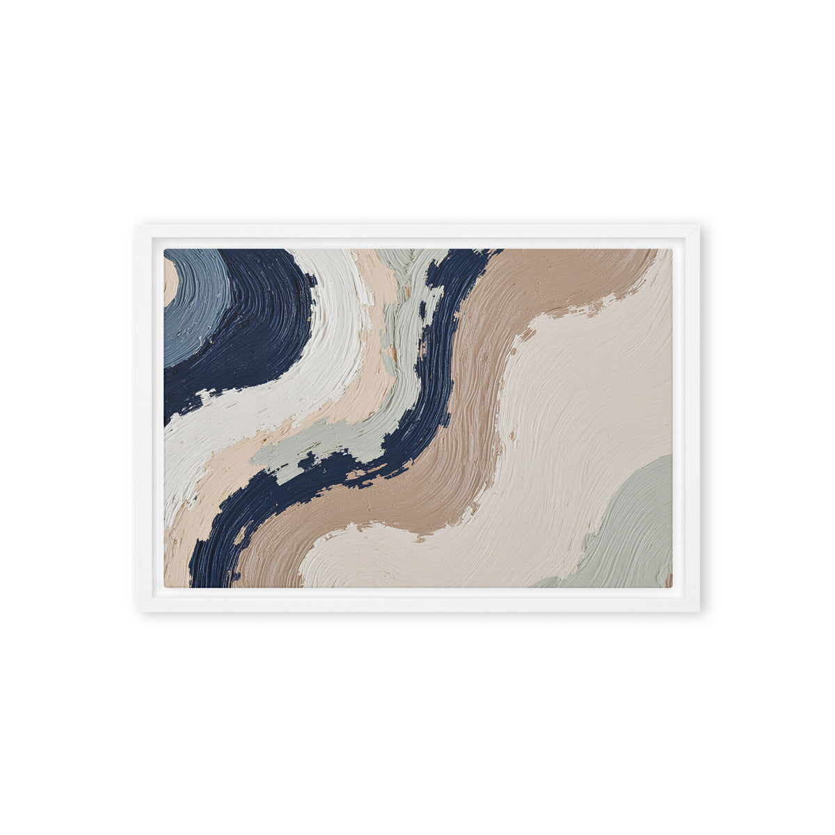 Loess framed canvas artwork with warm ochre, taupe and sandstone-like textures, shown on white.