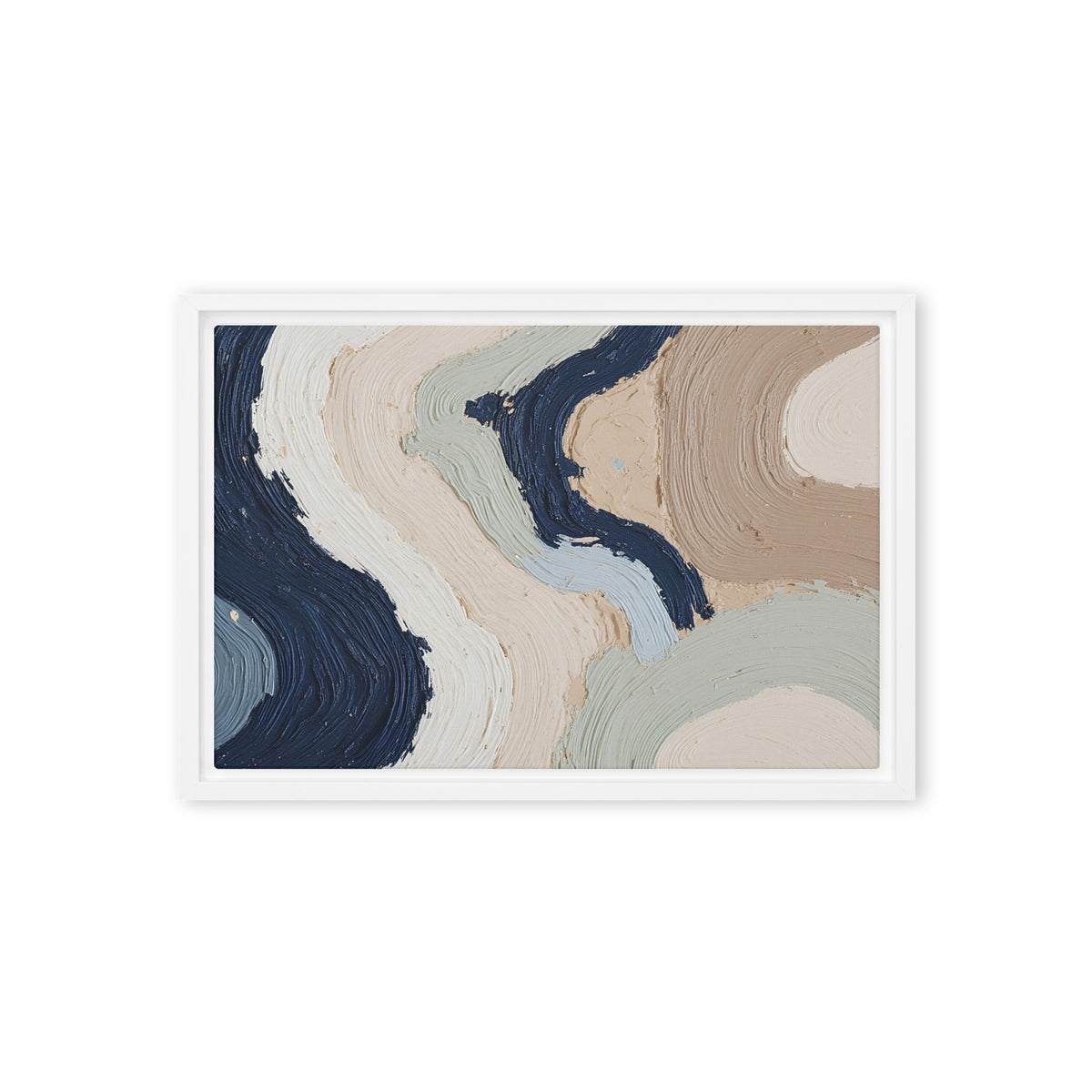 Marl framed canvas artwork with pale stone and soft clay tones with subtle visual texture, shown on white.