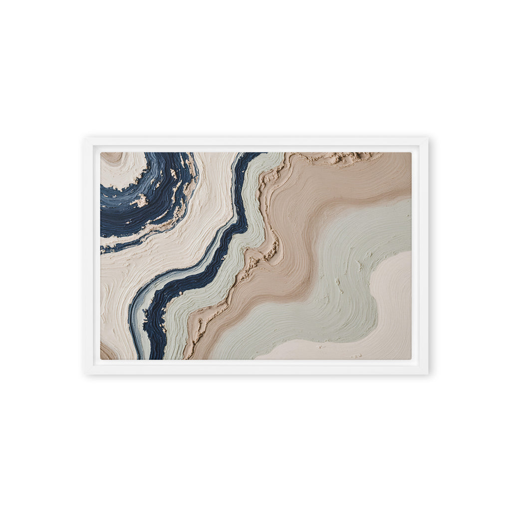 Striata framed canvas artwork with rhythmic bands of mineral color and sediment-like layers, shown on white.