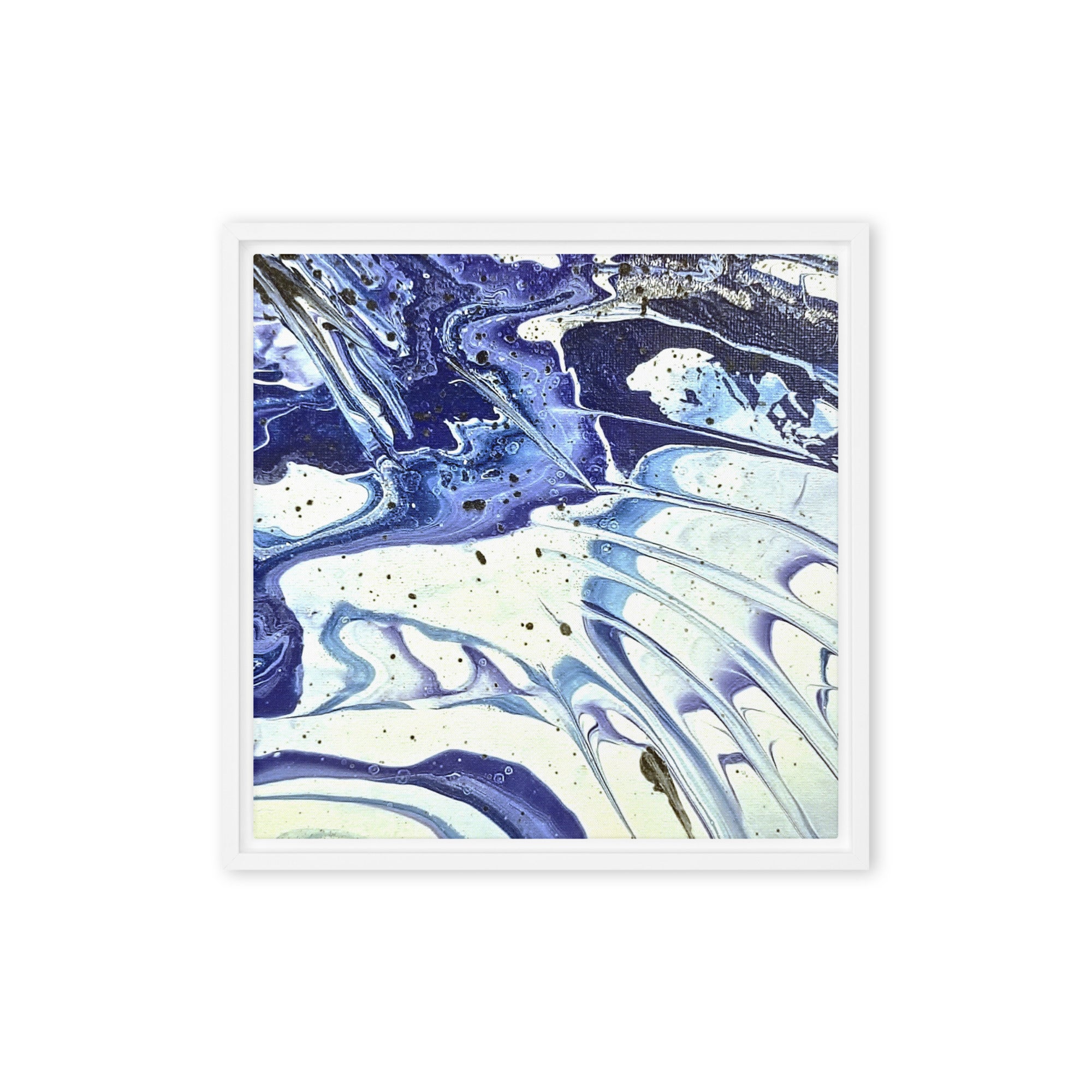 Cobalt framed canvas print shown in front view in brown frame, 16 x 20 inch universal size