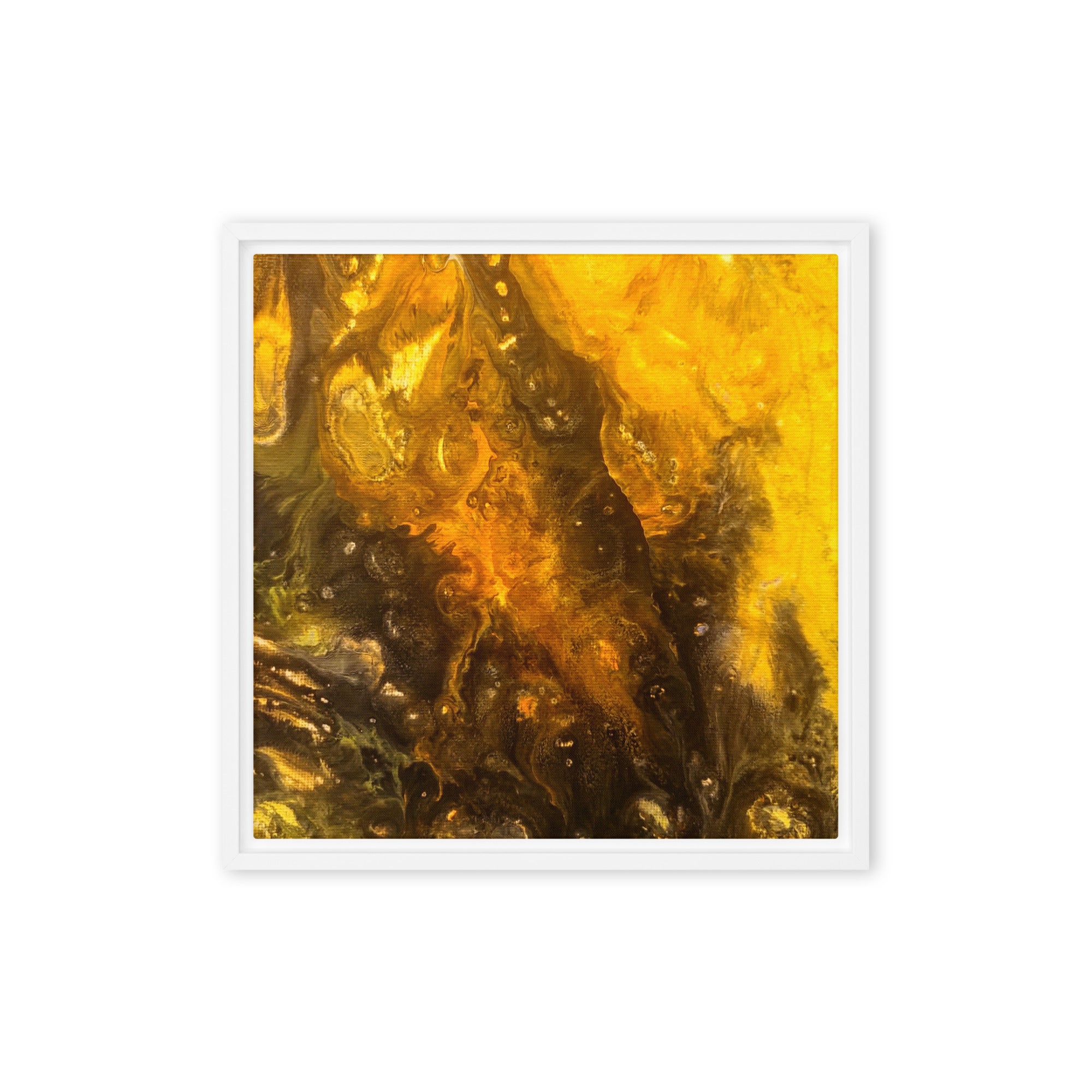 Flame framed canvas print shown in front view in brown frame, 16 x 20 inch universal size