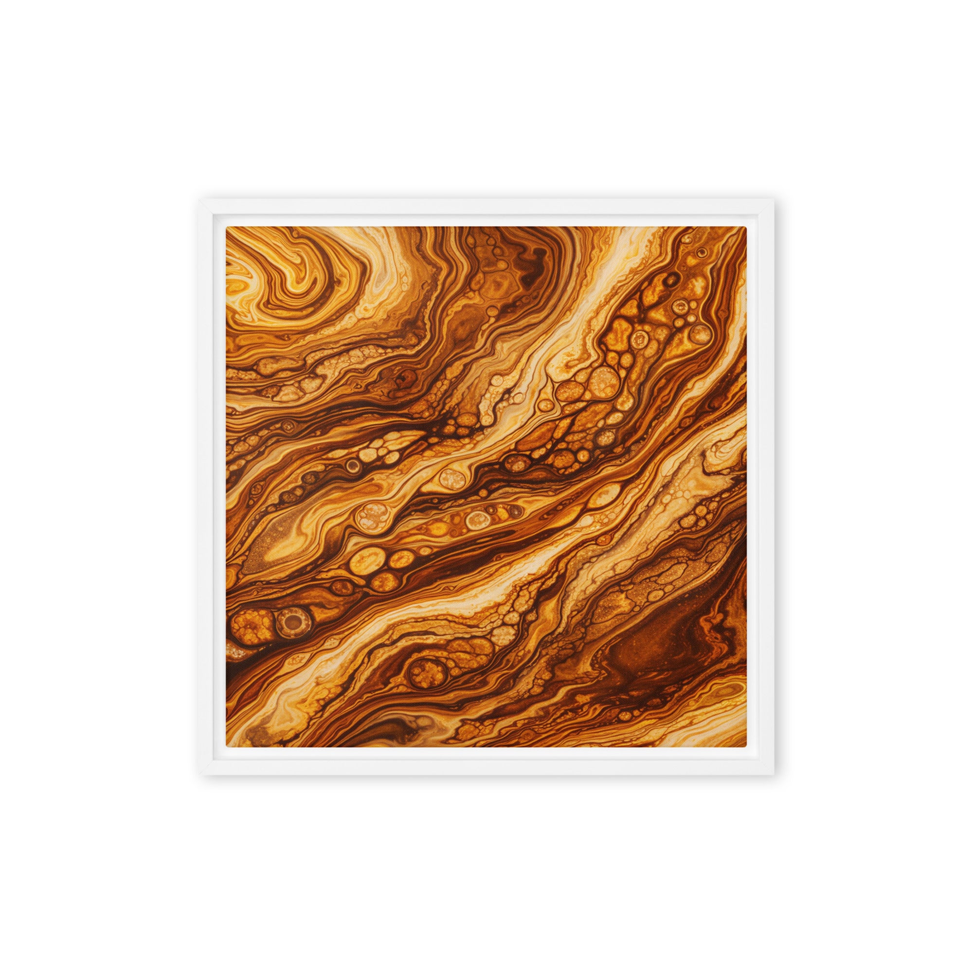 Molten Cells framed canvas print product view in brown frame, 16 x 16 inch universal size