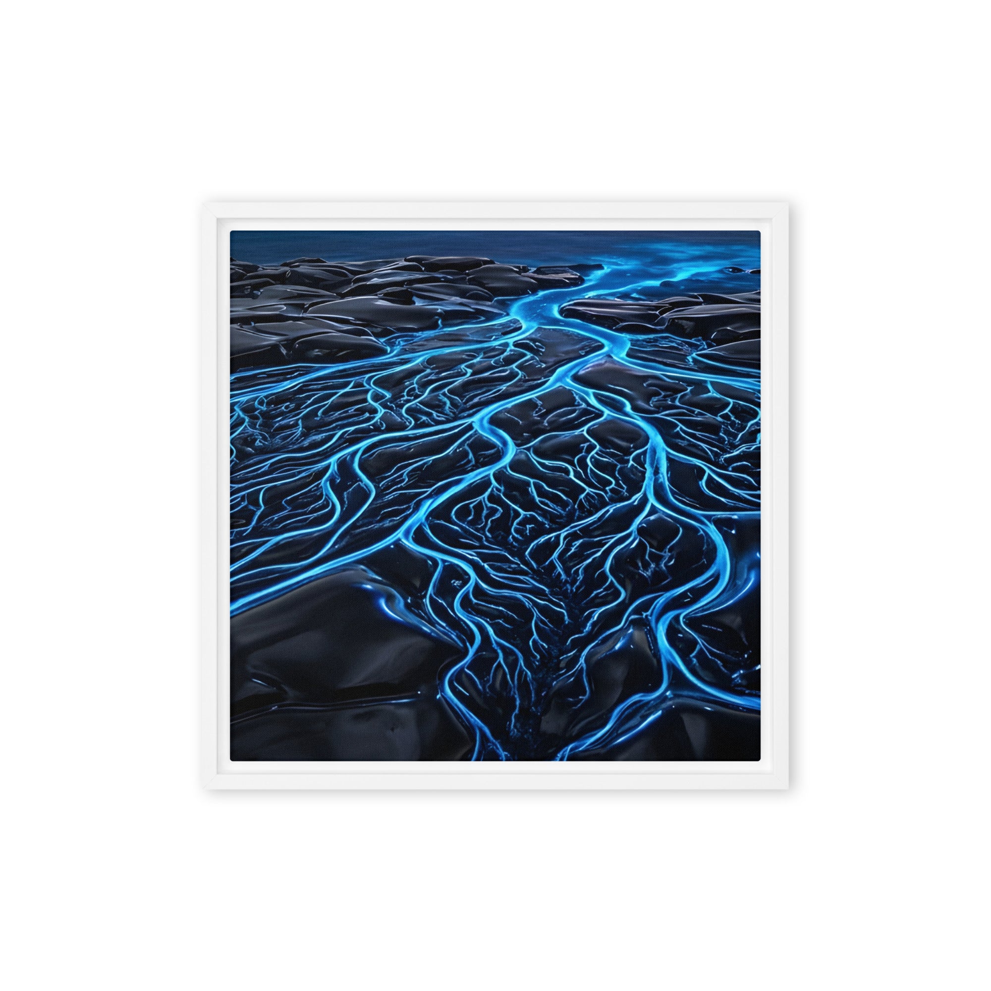 Caldera wall art product image as a framed canvas print in brown frame, 18 x 24 inch large size