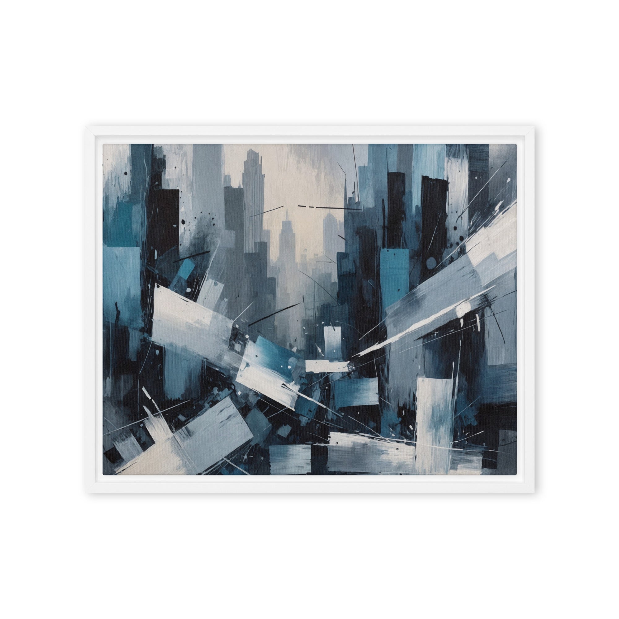Zephyr framed canvas skyline front-facing product image in brown frame, 16 x 16 inch universal size