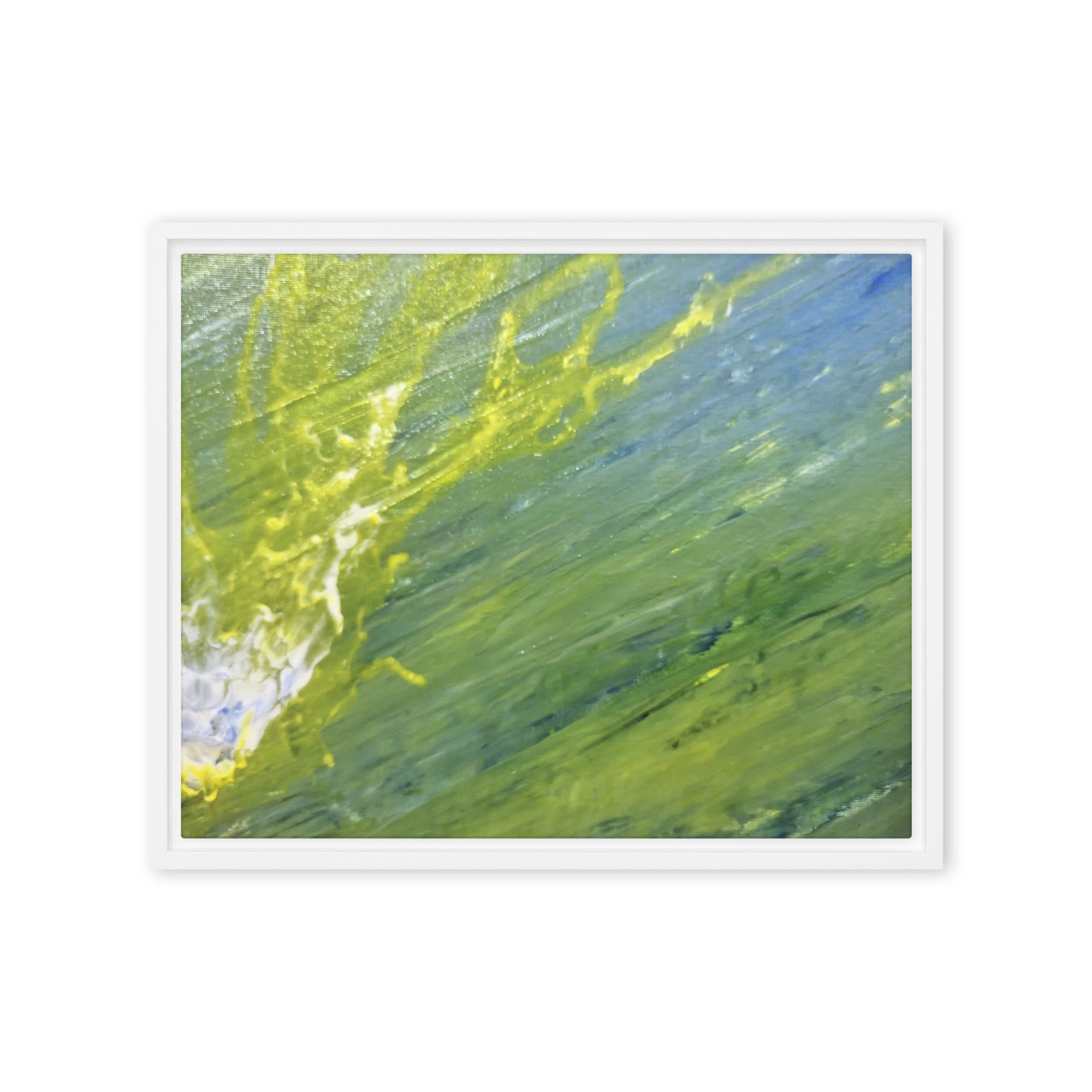 Charged Waters framed canvas print, front view in brown frame, 12 x 16 inch universal size