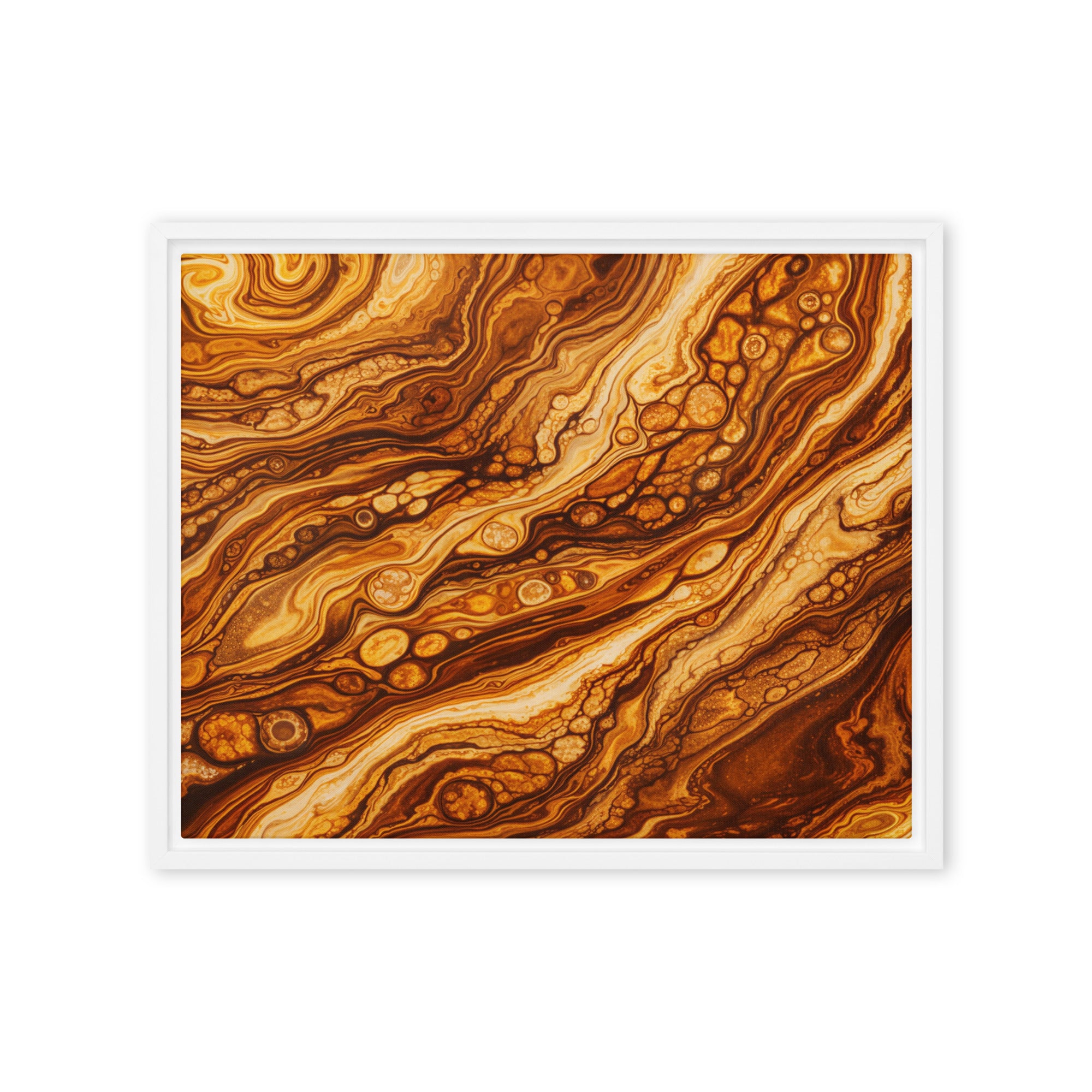 Molten Cells framed canvas print, front view in brown frame, 20 x 28 inch large size