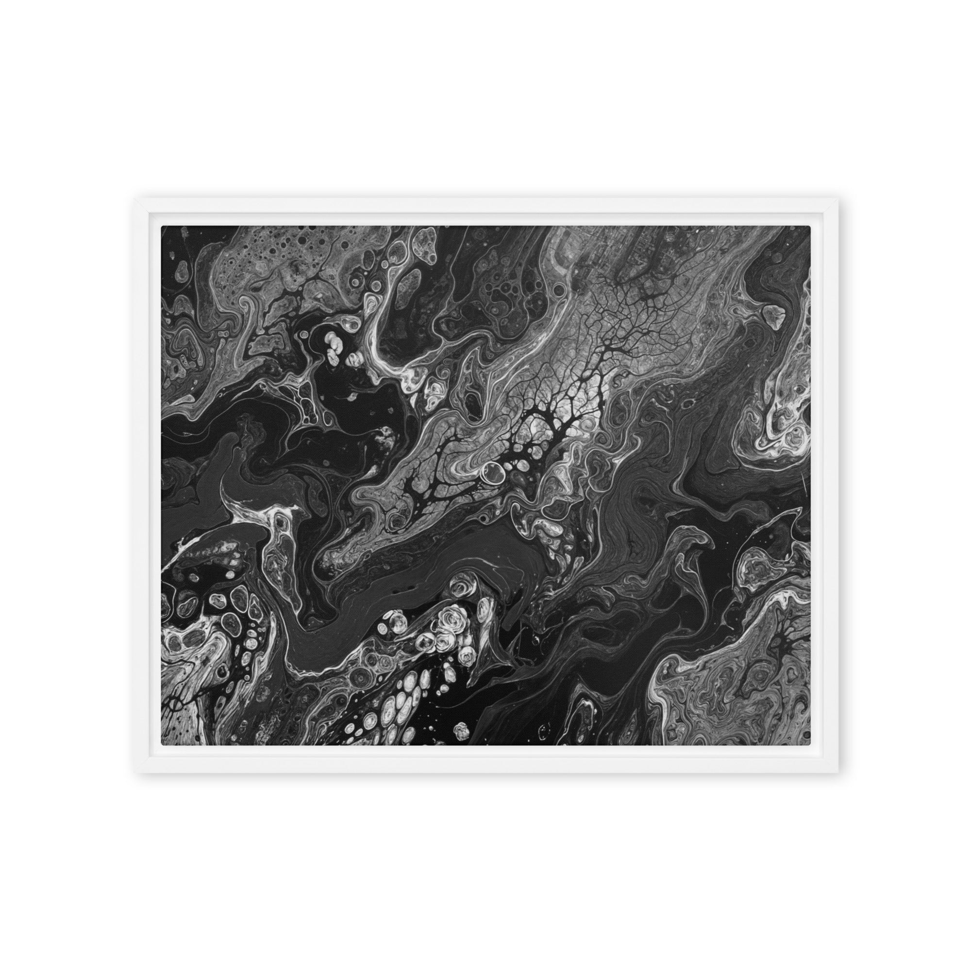 Dark Matter framed canvas print product mockup in brown frame, 24 x 32 inch large size