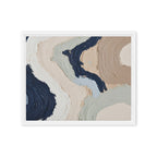 Alluvia framed canvas artwork with layered earth tones and flowing mineral textures, shown on white.