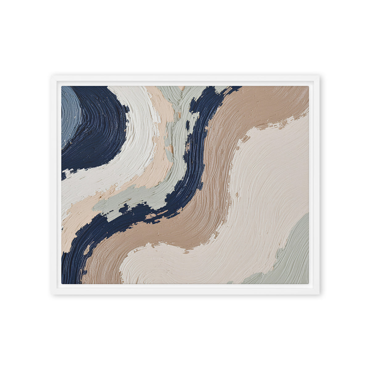 Loess framed canvas artwork with warm ochre, taupe and sandstone-like textures, shown on white.