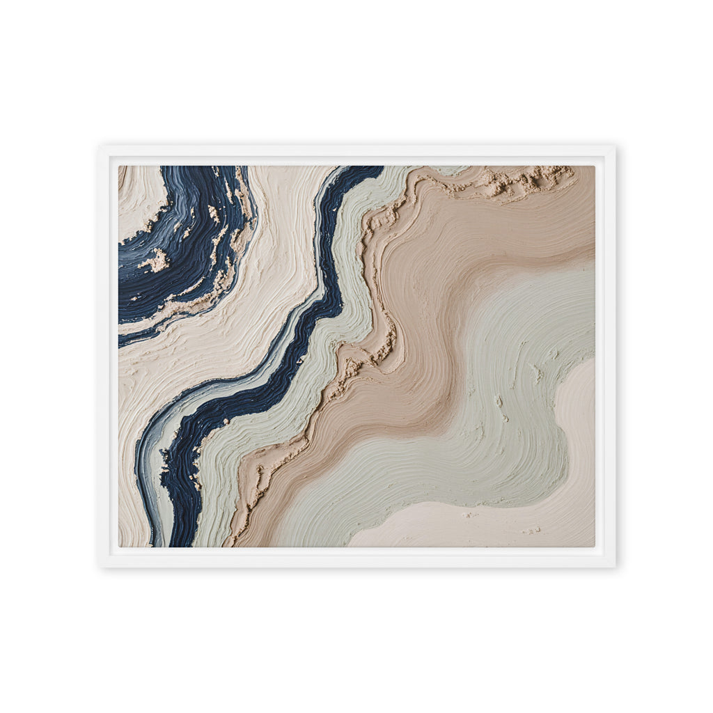 Striata framed canvas artwork with rhythmic bands of mineral color and sediment-like layers, shown on white.