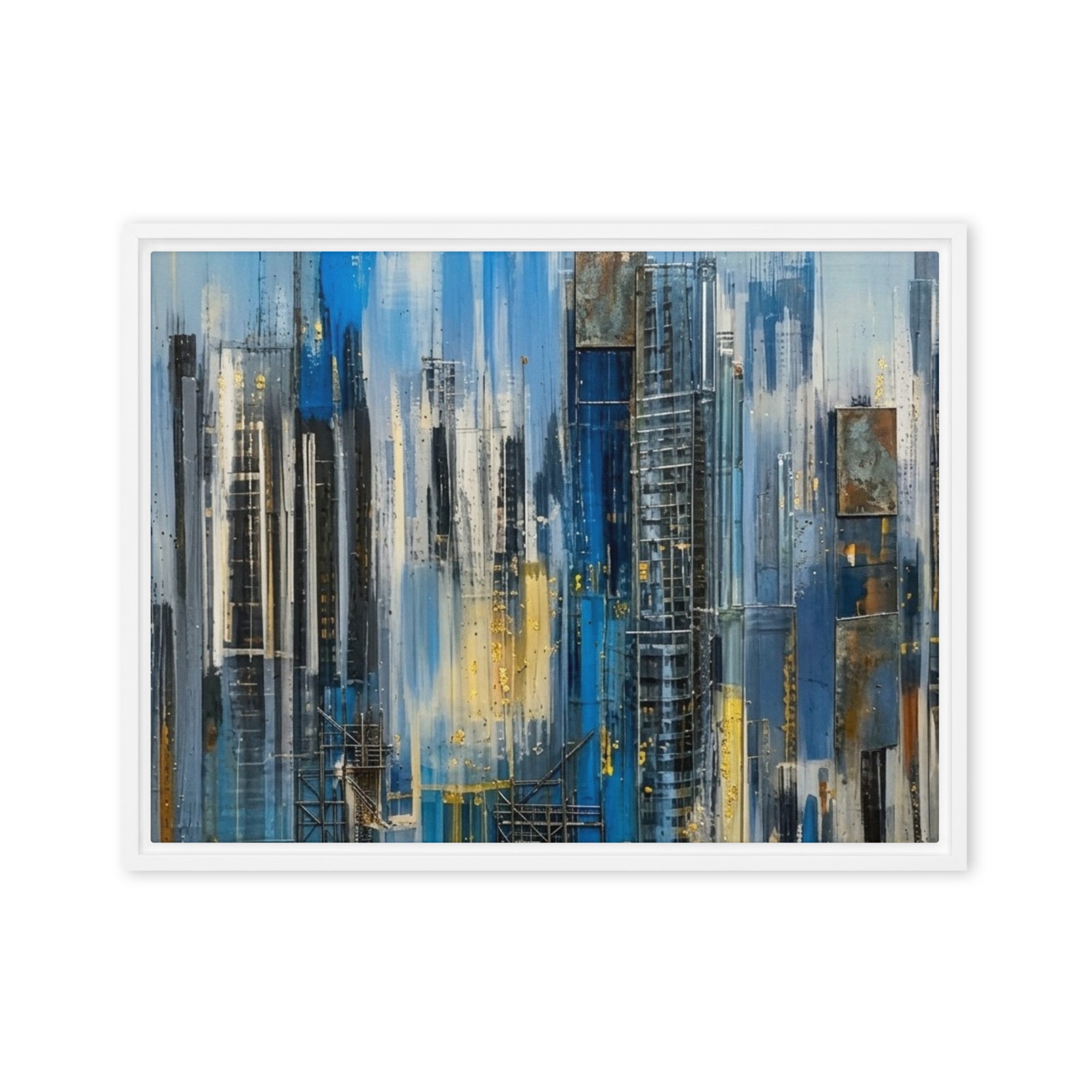 Facade framed canvas print with product details shown in brown frame, 20 x 30 inch large size