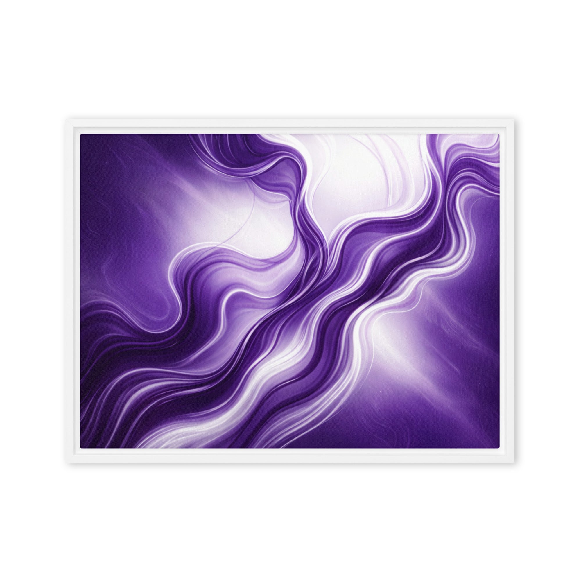 Silk framed canvas print with product details shown in white frame, 9 x 12 inch universal size