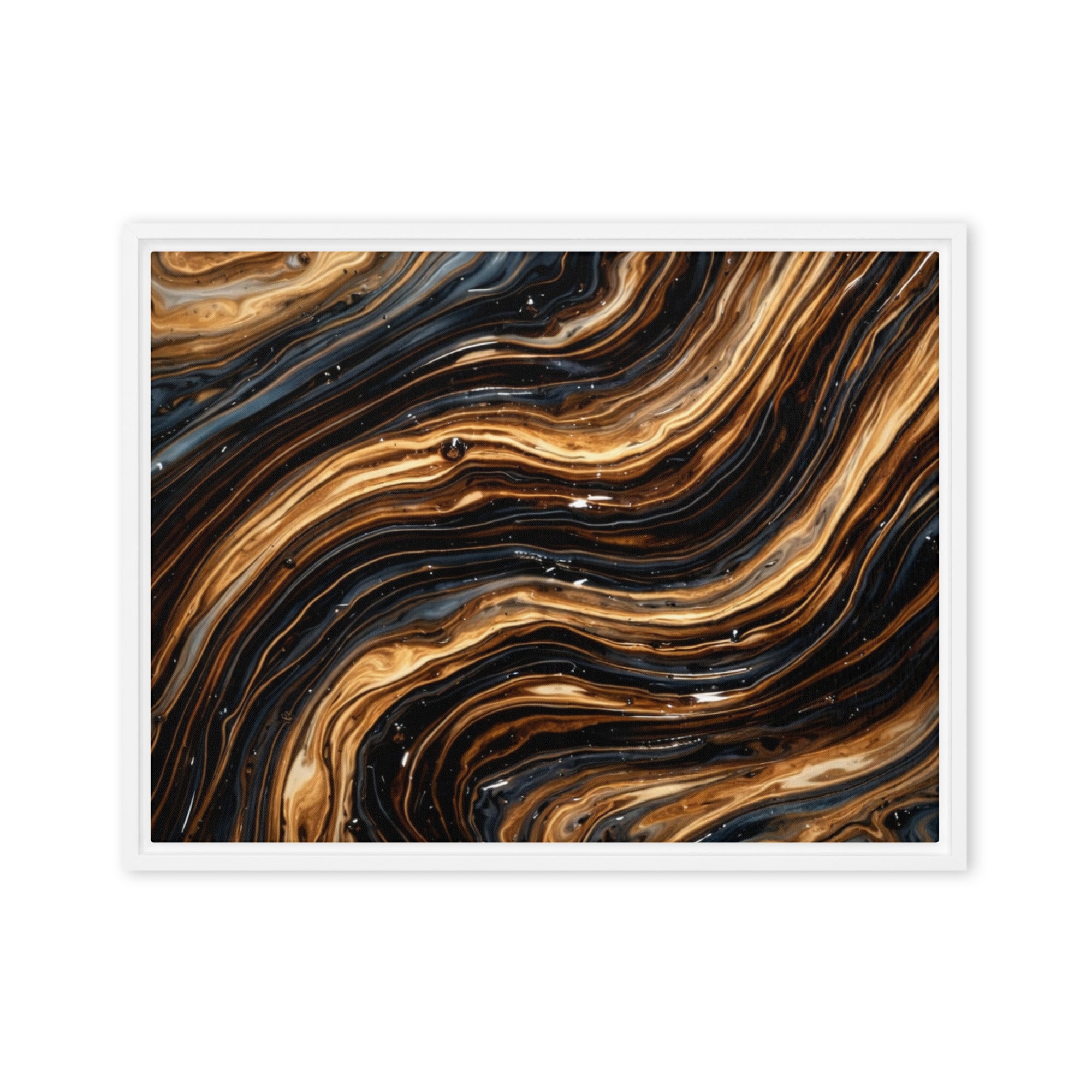 Amber framed canvas print with product details shown in white frame, 9 x 12 inch universal size