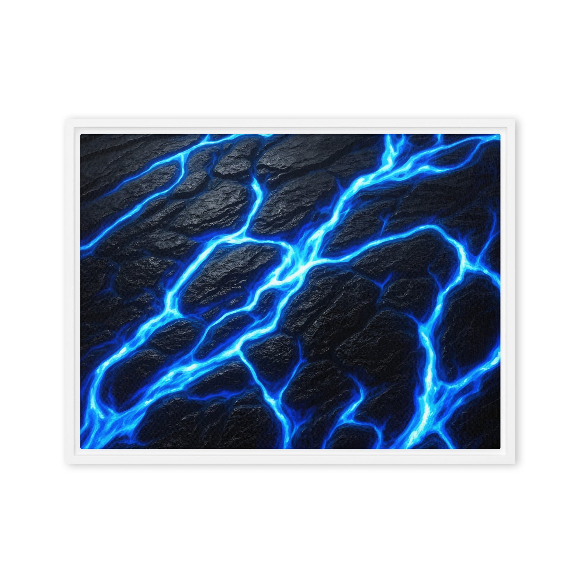 Fissure framed canvas print with product details shown in white frame, 9 x 12 inch universal size