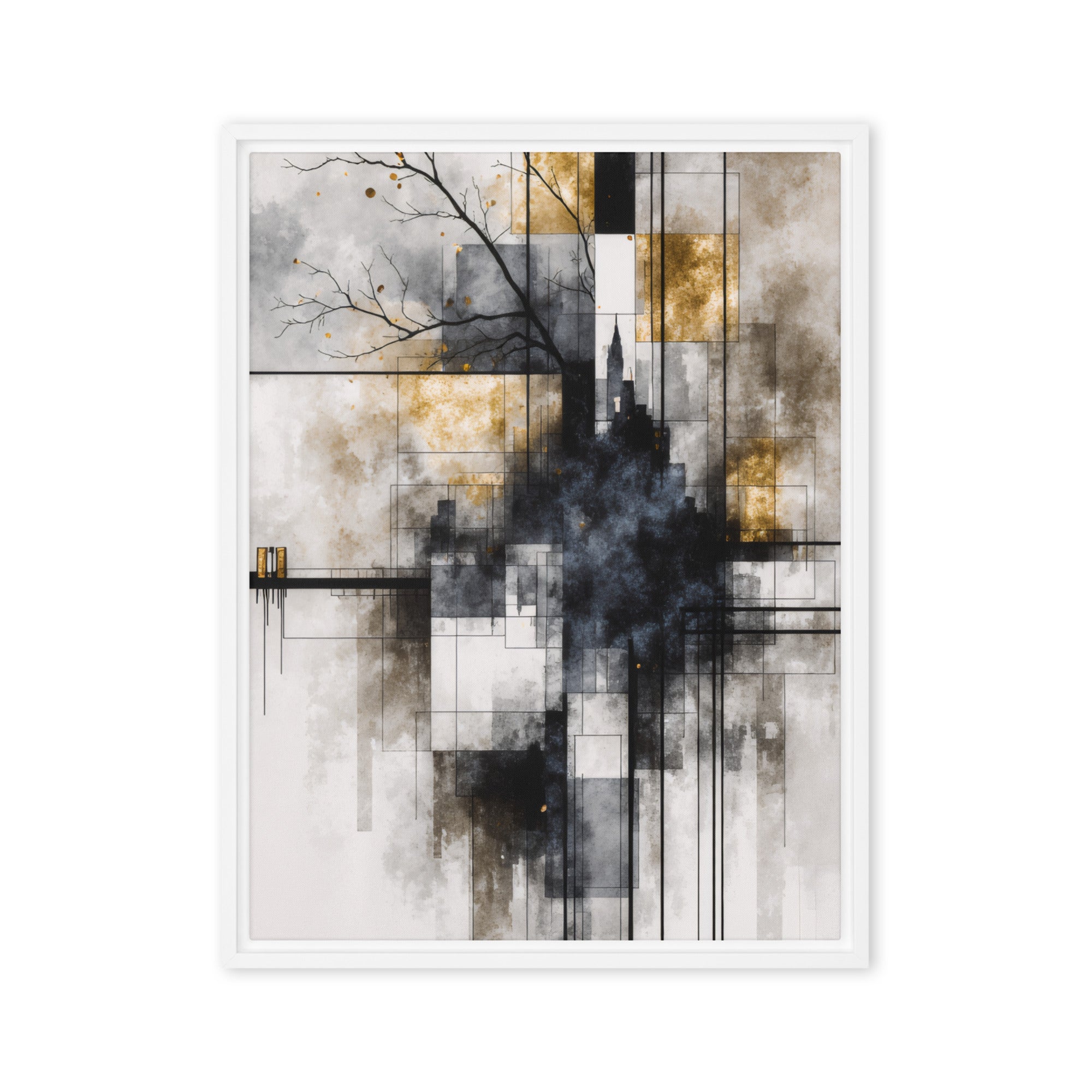 Alchemy framed canvas print with product details shown in white frame, 9 x 12 inch universal size
