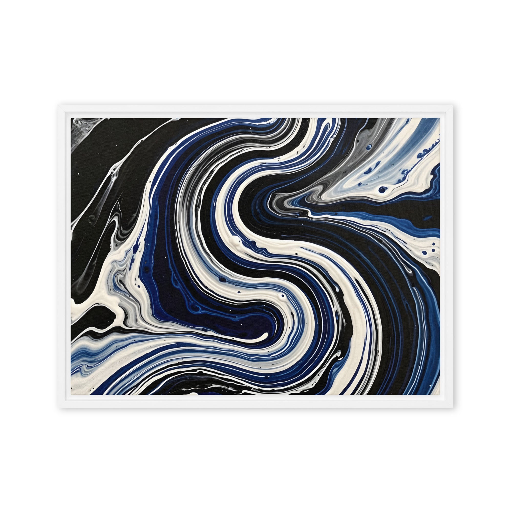 Midnight Surge framed canvas print with product details shown in white frame, 9 x 12 inch universal size