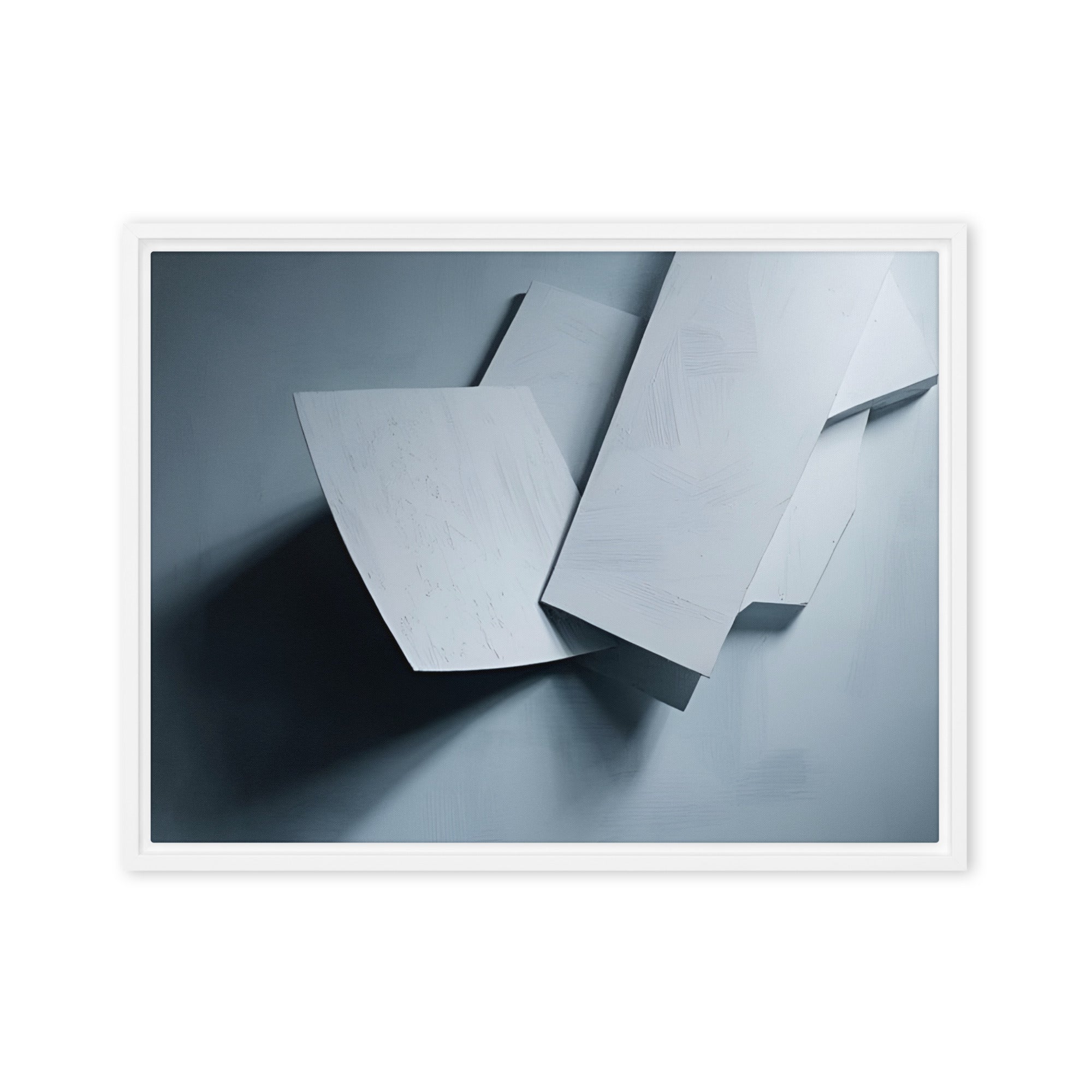 Silhouette framed canvas print with product details shown in white frame, 9 x 12 inch universal size