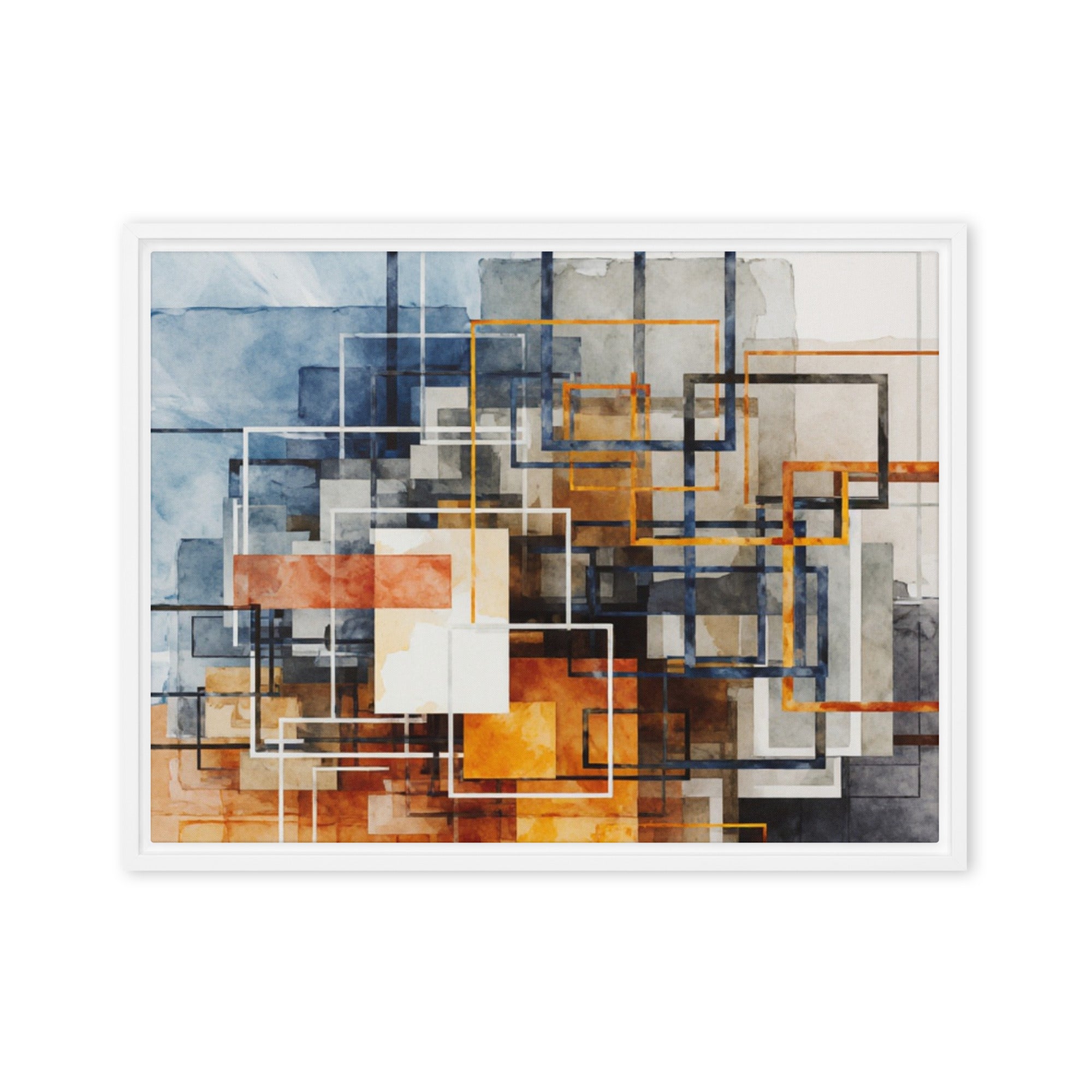 Stratum framed canvas print with product details shown in white frame, 9 x 12 inch universal size