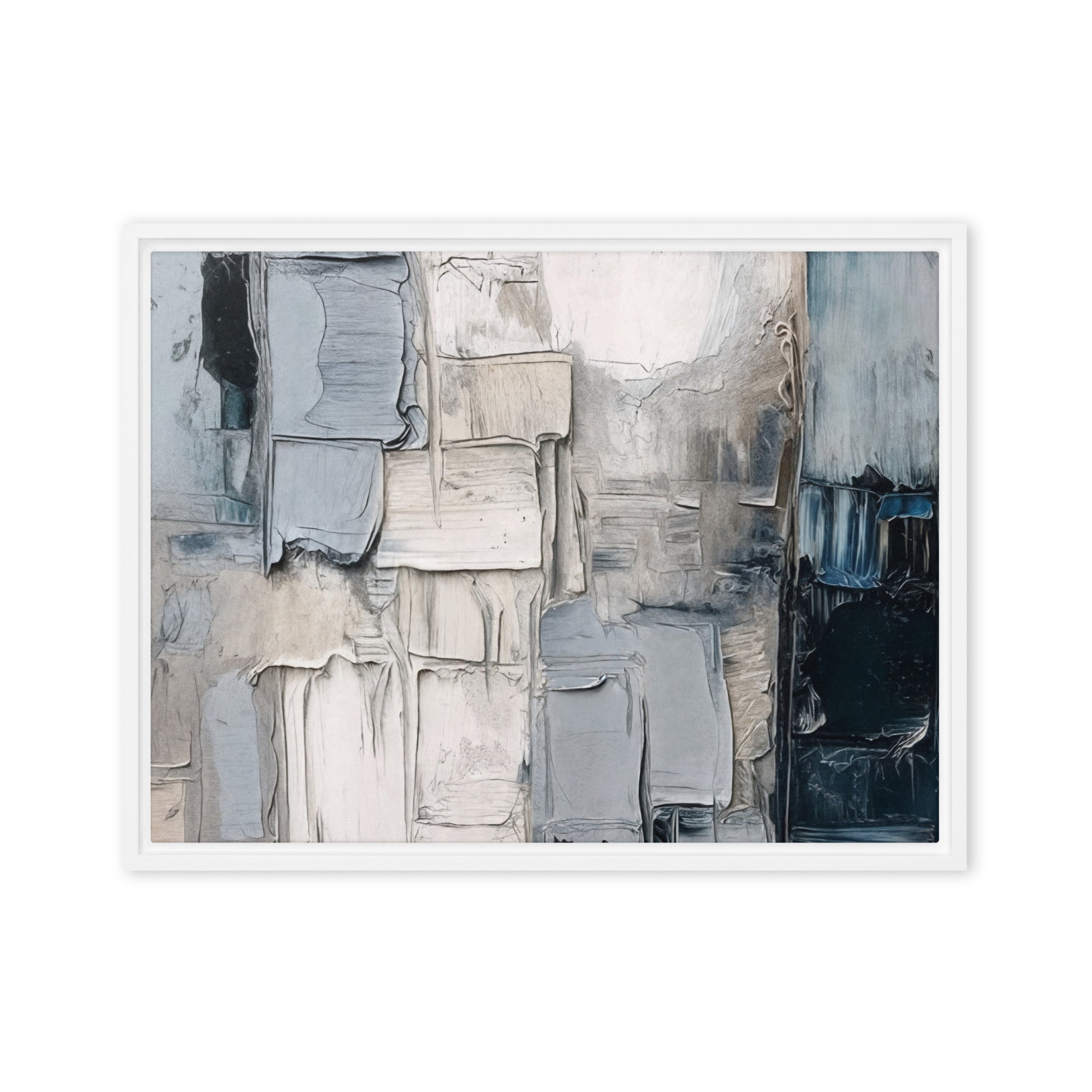 Haze framed canvas print with product details shown in white frame, 9 x 12 inch universal size