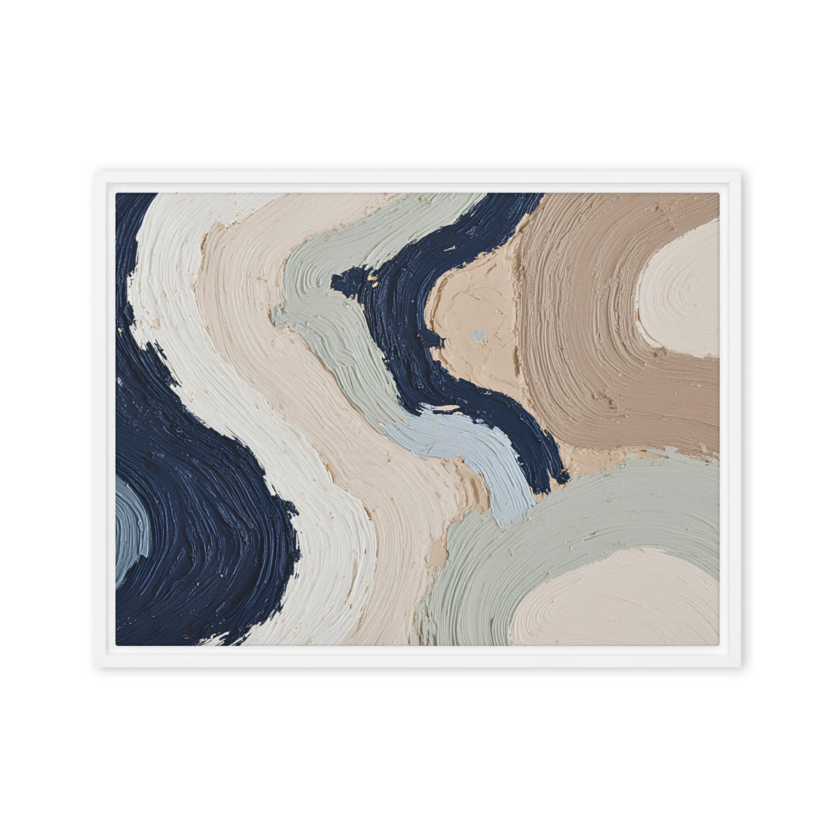Alluvia framed canvas artwork with layered earth tones and flowing mineral textures, shown on white.