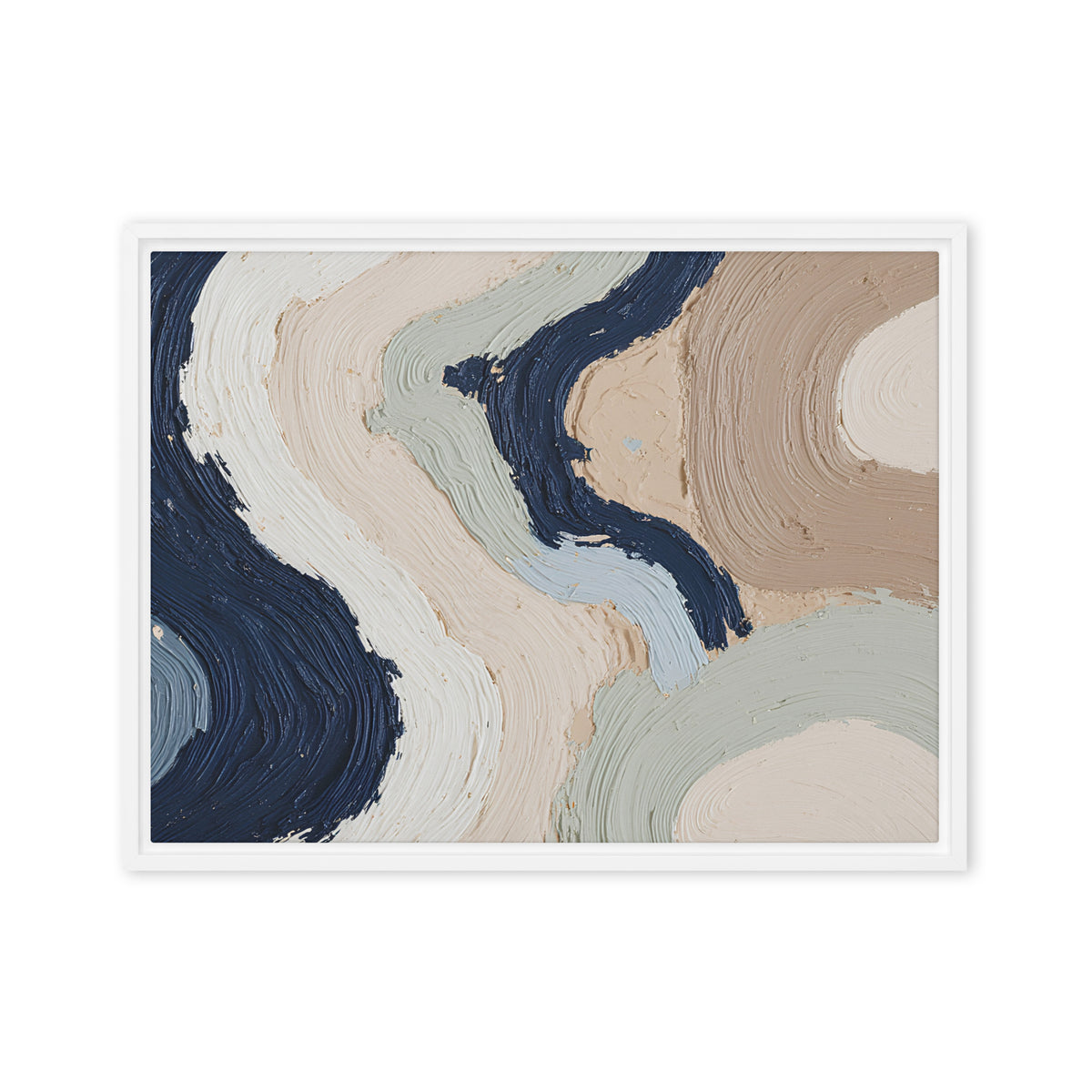 Marl framed canvas artwork with pale stone and soft clay tones with subtle visual texture, shown on white.