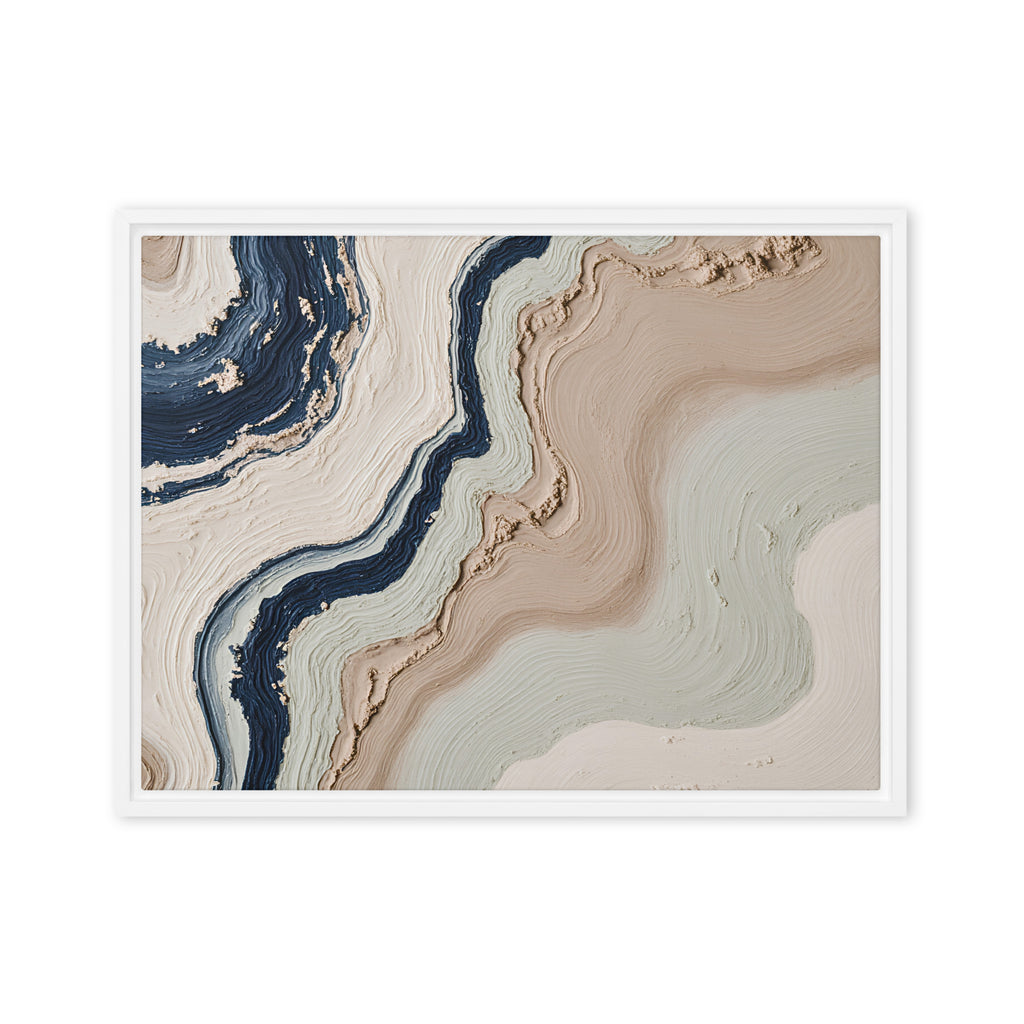 Striata framed canvas artwork with rhythmic bands of mineral color and sediment-like layers, shown on white.