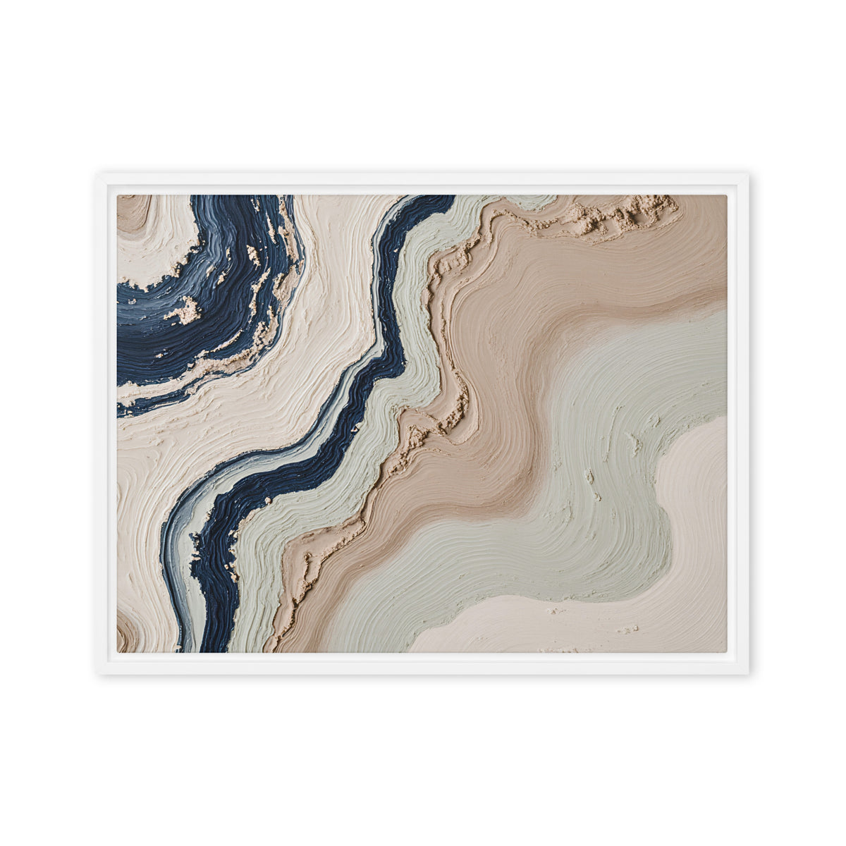 Striata framed canvas artwork with rhythmic bands of mineral color and sediment-like layers, shown on white.