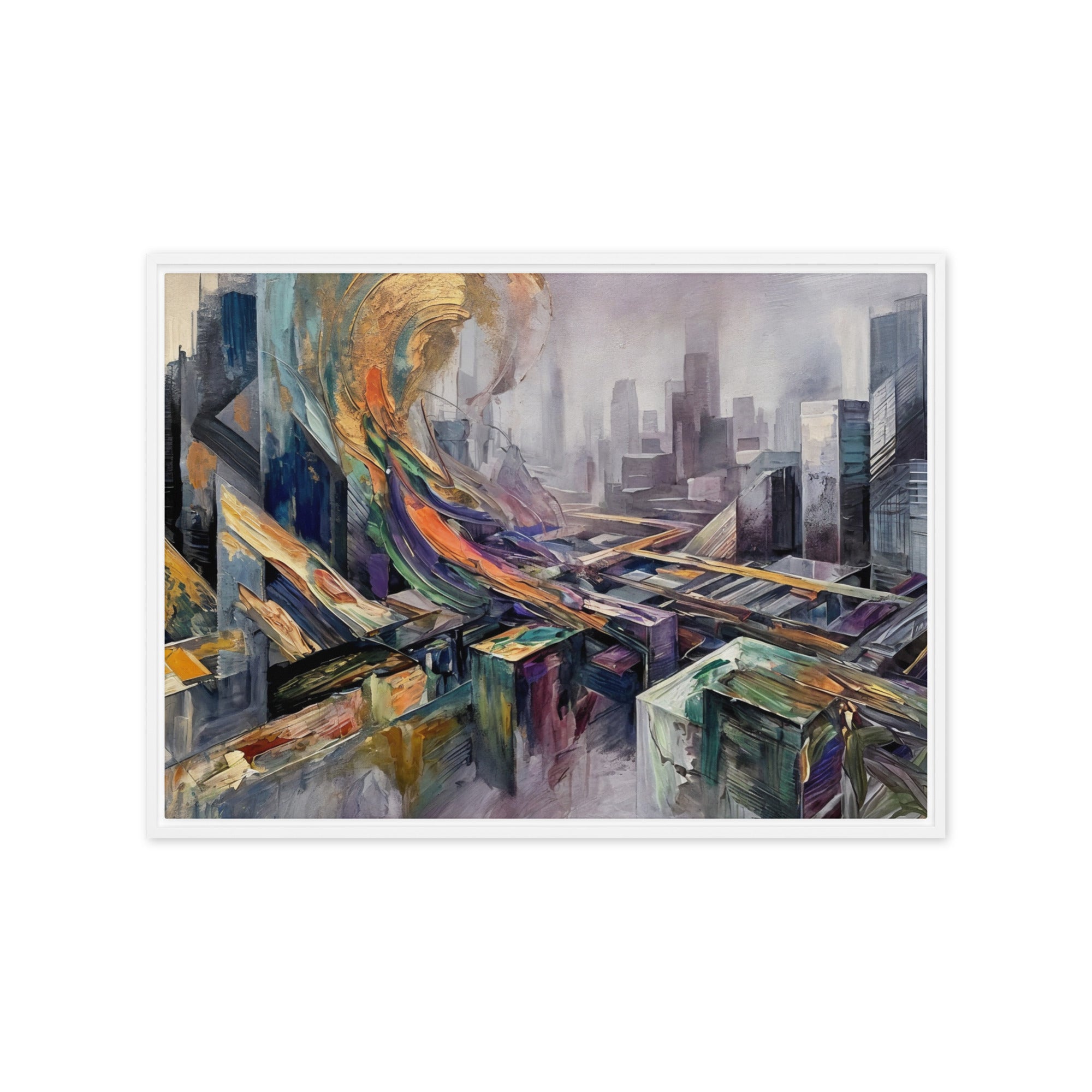 Attitude framed canvas skyline product view in brown frame, 20 x 28 inch large size