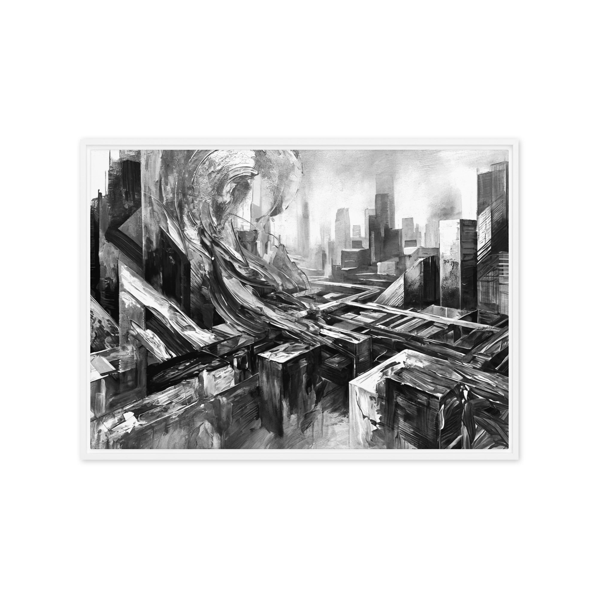 Attitudes framed canvas skyline wall art mb canvas, front view in white frame, 12 x 18 inch universal size