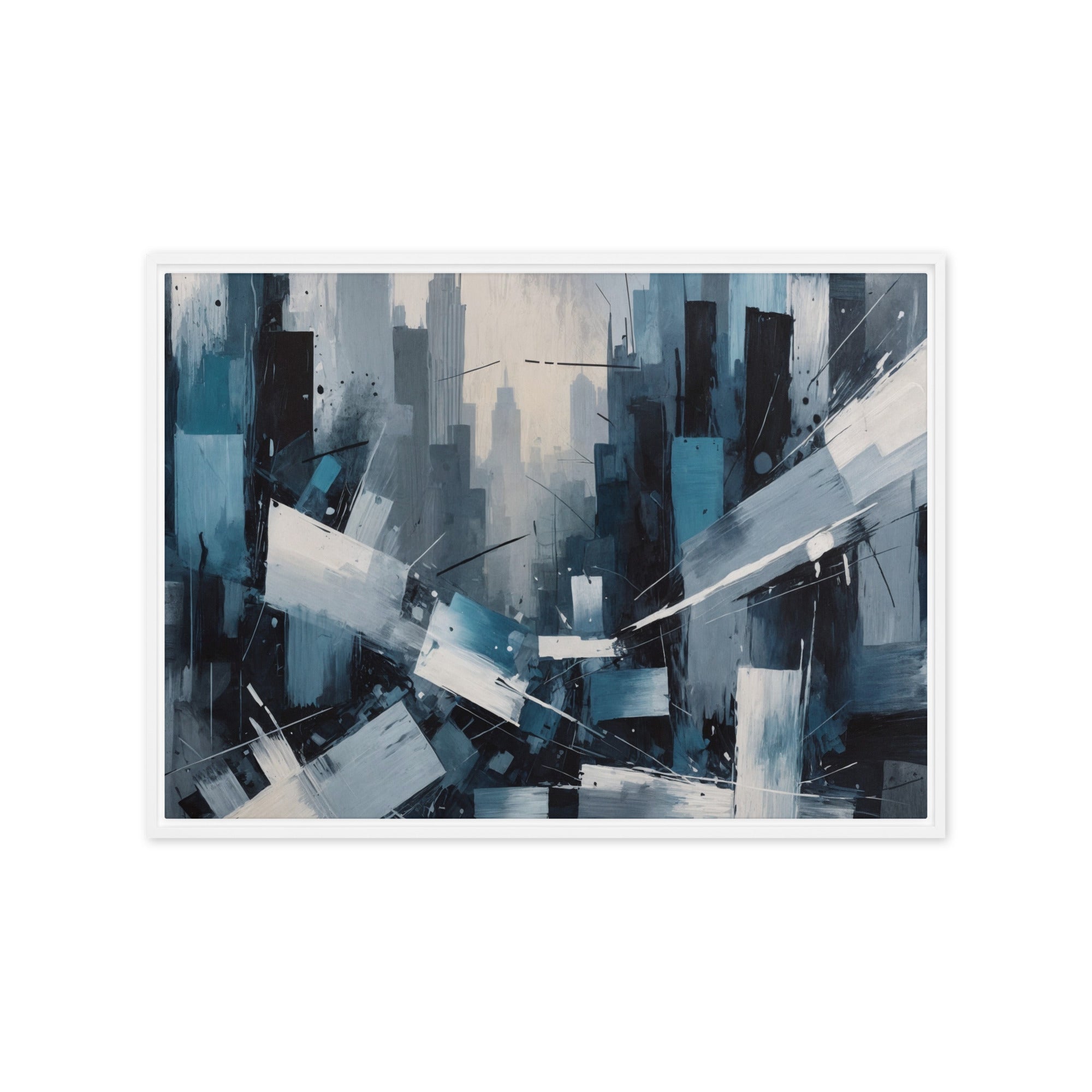 Zephyr wall art product image as a framed canvas skyline in white frame, 16 x 16 inch universal size