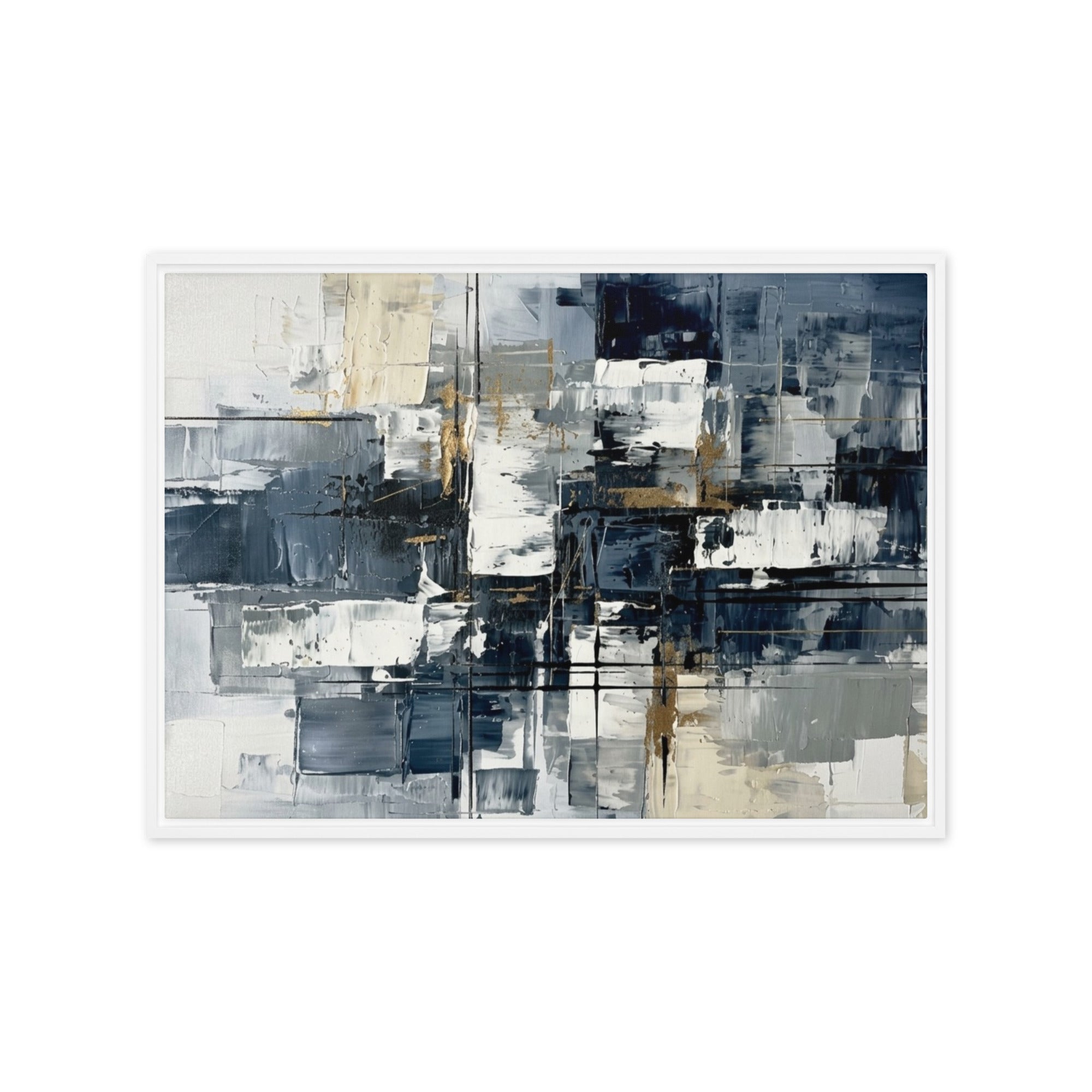 Calamity framed canvas urban with product details shown in brown frame, 24 x 36 inch statement piece
