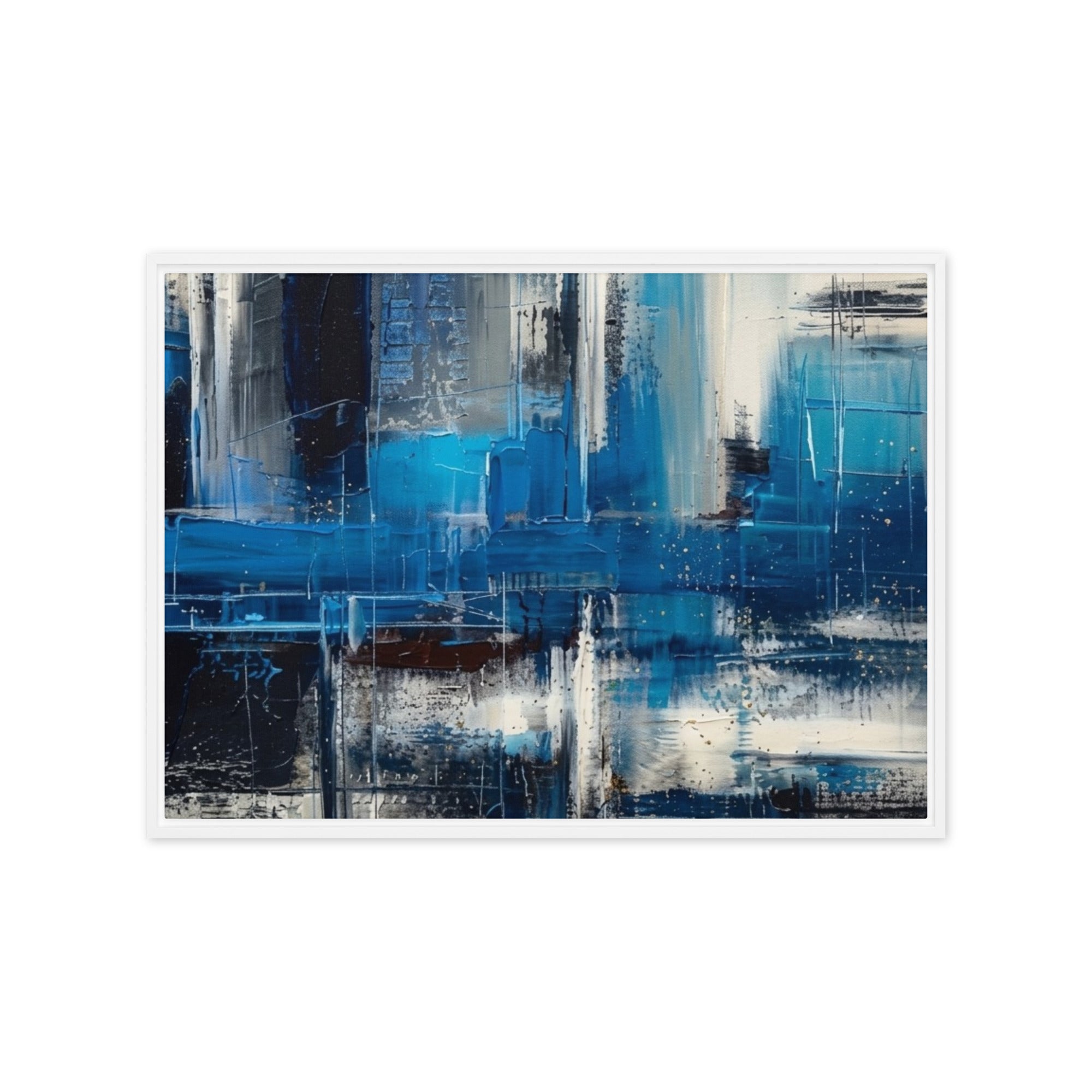 Isle framed canvas print with product details shown in brown frame, 24 x 36 inch statement piece