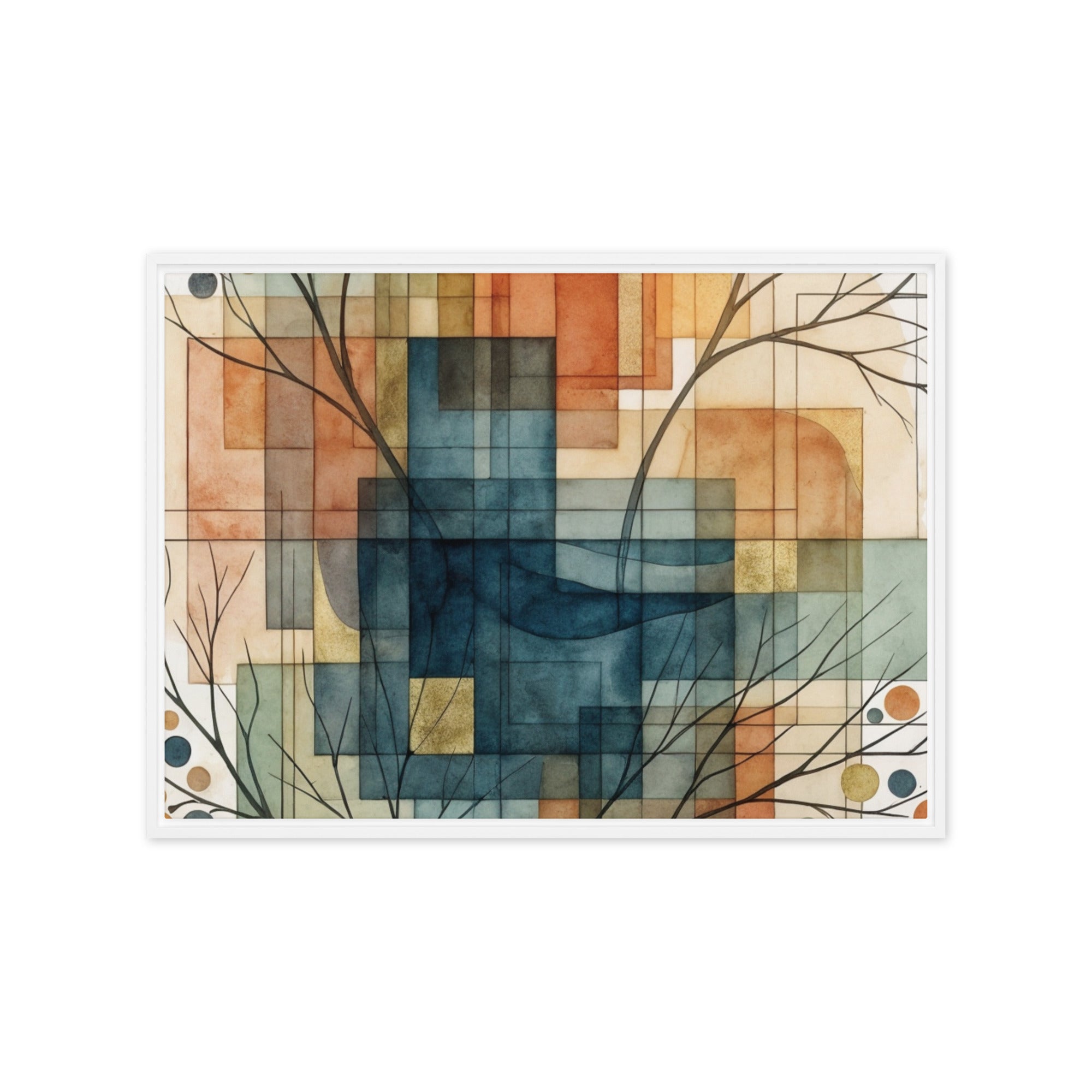Always framed canvas urban shown in front view in white frame, 11 x 14 inch universal size