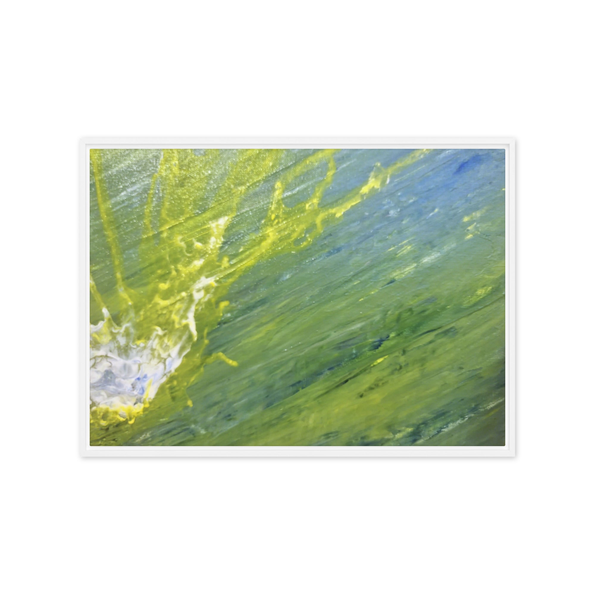 Charged Waters framed canvas print product mockup in brown frame, 24 x 32 inch large size