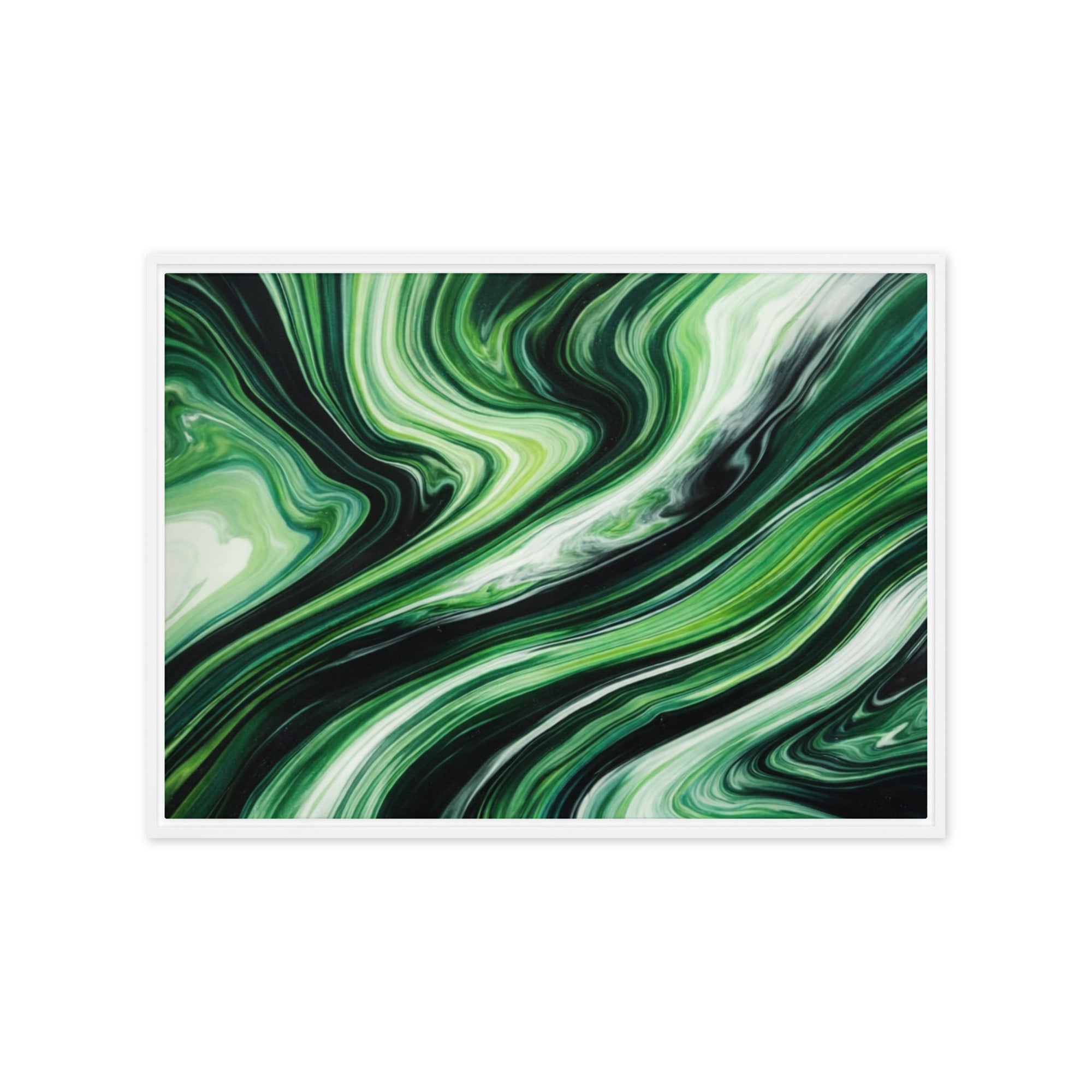 Verdant framed canvas print with product details shown in brown frame, 24 x 36 inch statement piece