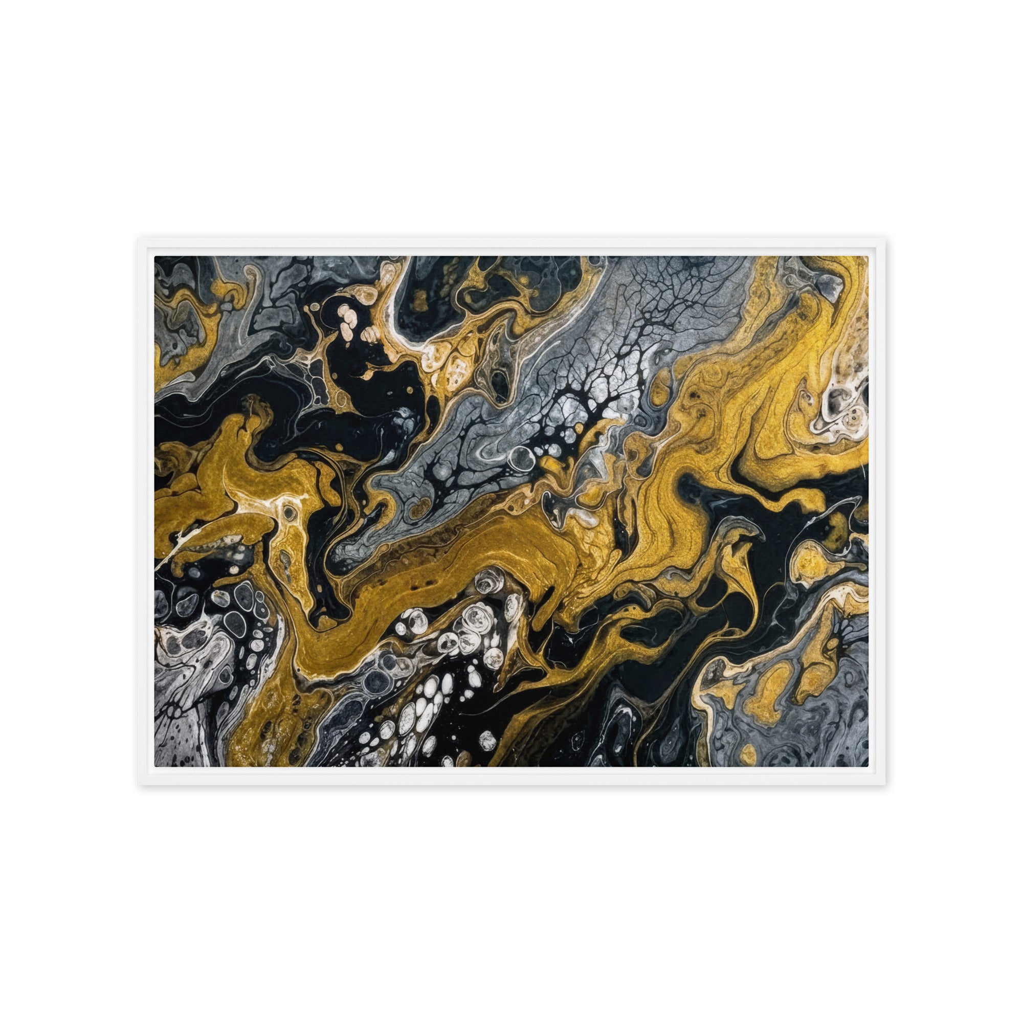 Aurum framed canvas print with product details shown in white frame, 9 x 12 inch universal size