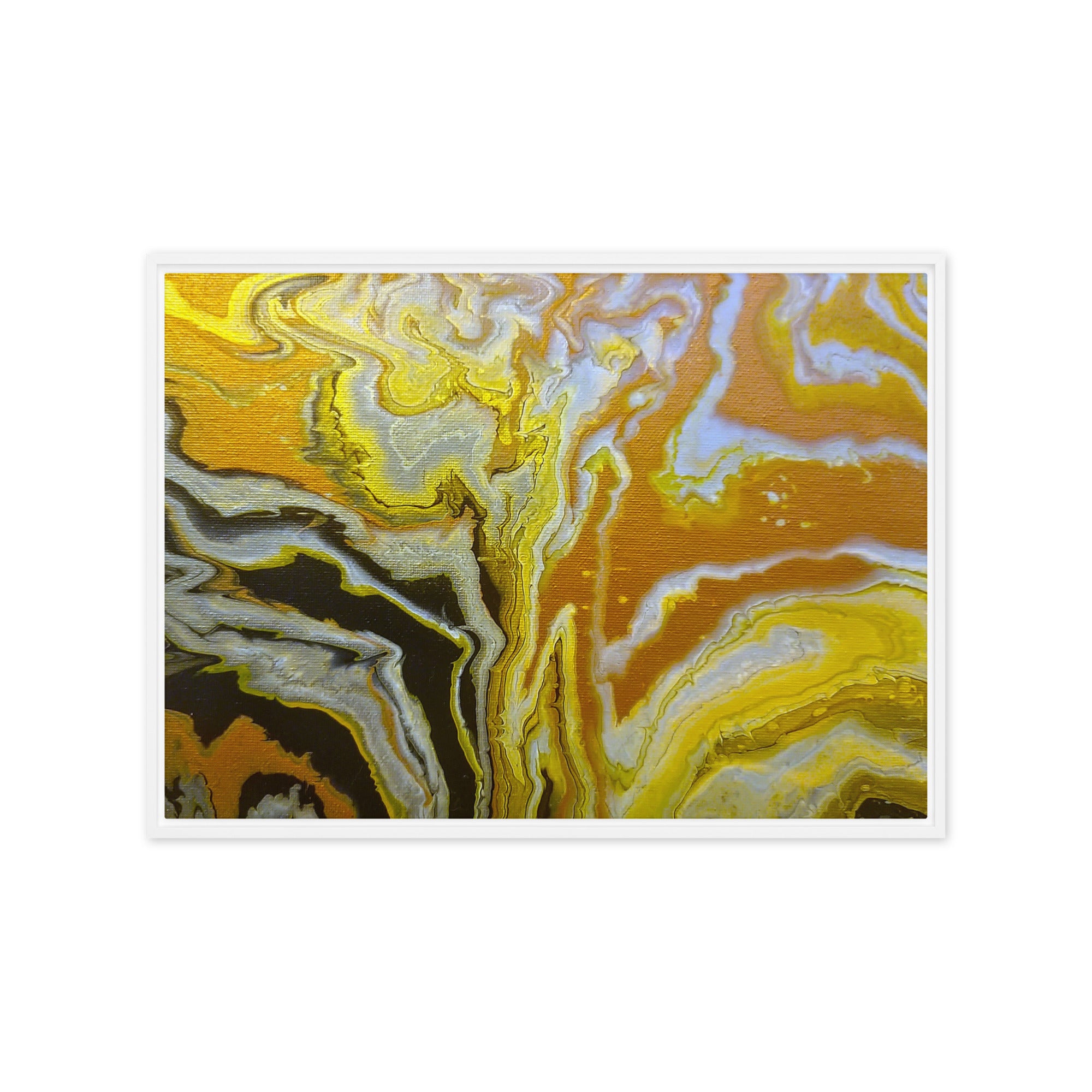 Golden Surge framed canvas print product image in white frame, 12 x 12 inch universal size